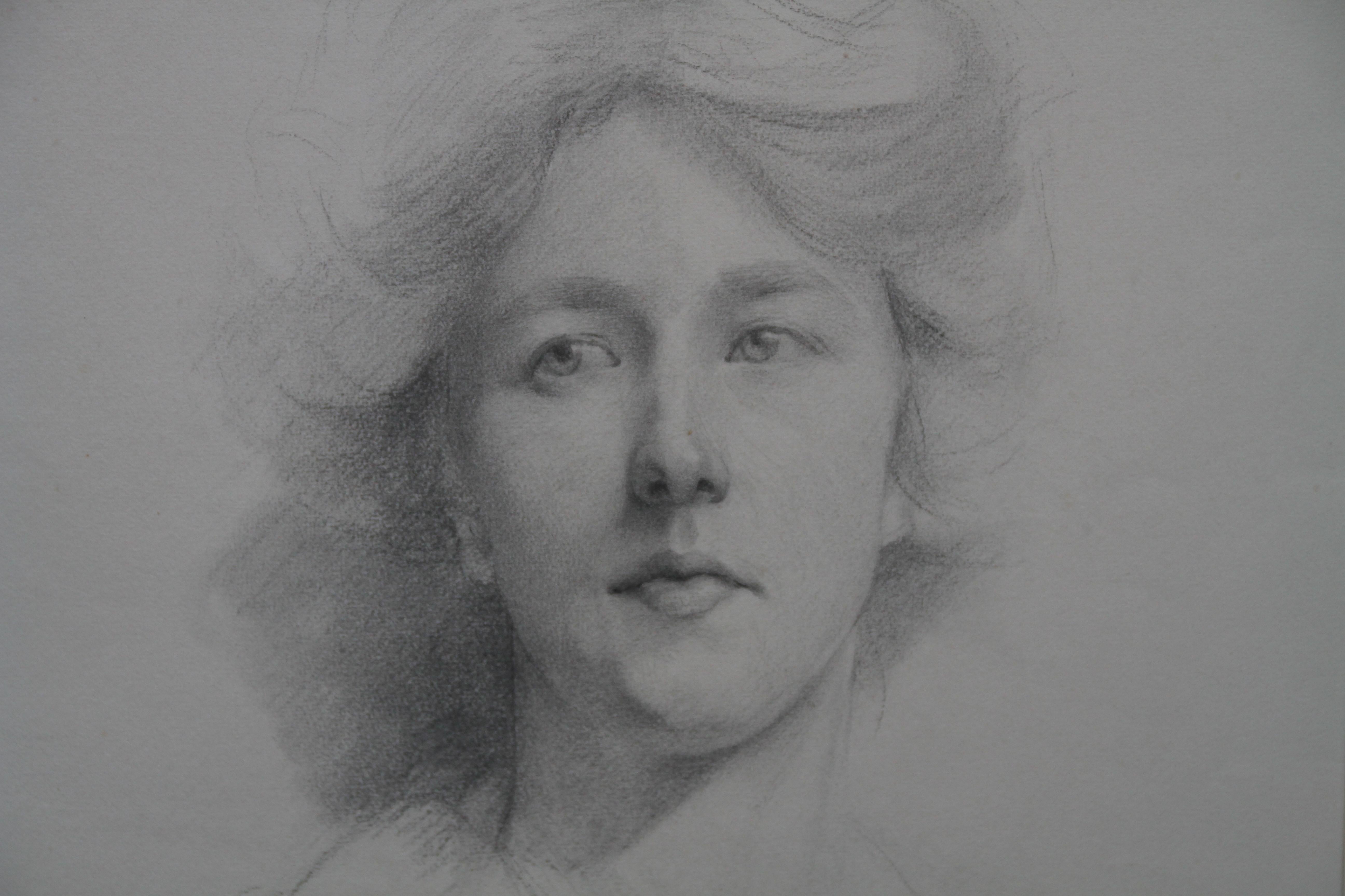 Self Portrait - British Italian art Edwardian pencil drawing female artist - Pre-Raphaelite Art by Estella Canziani