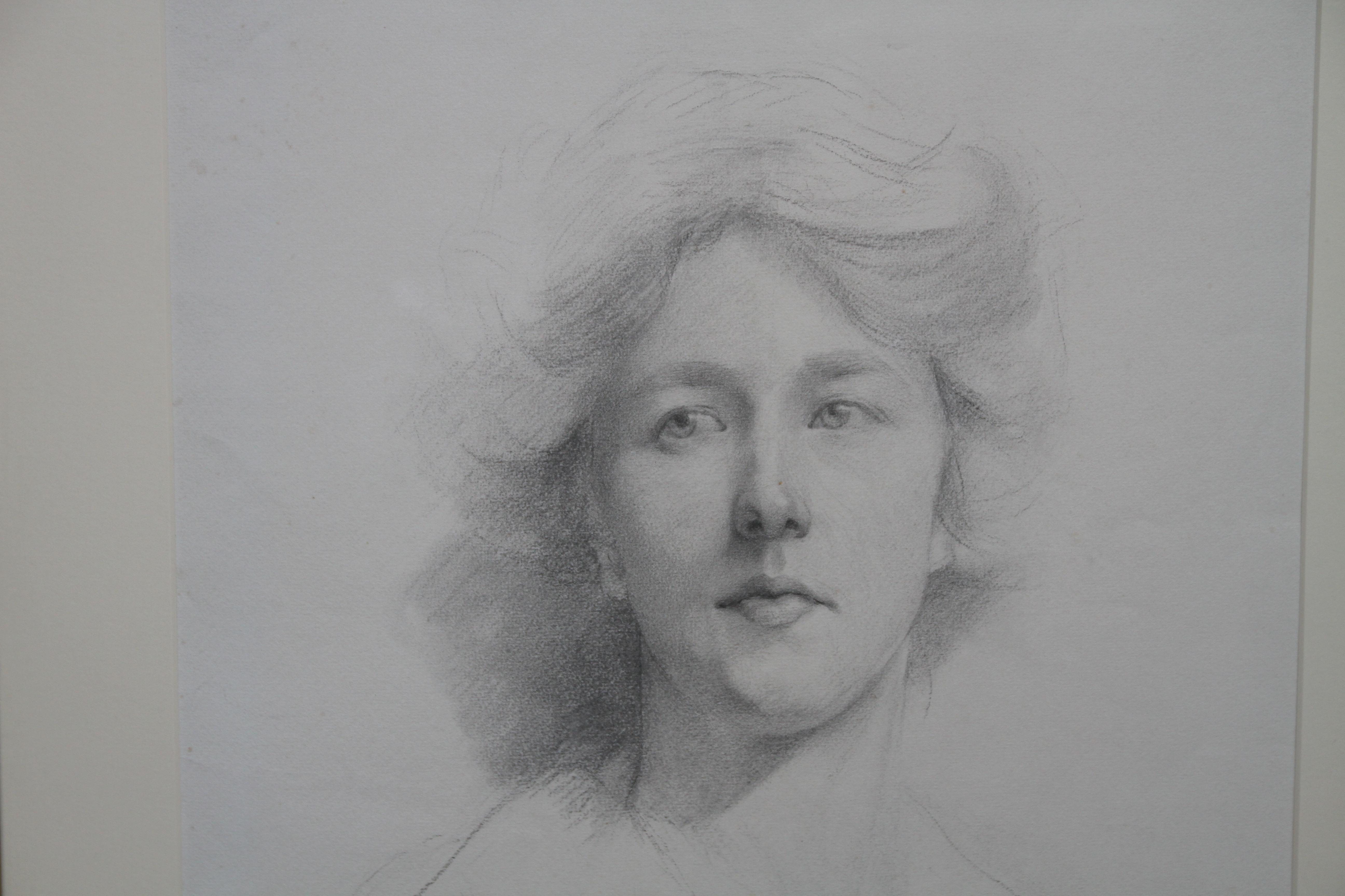 Self Portrait - British Italian art Edwardian pencil drawing female artist For Sale 1