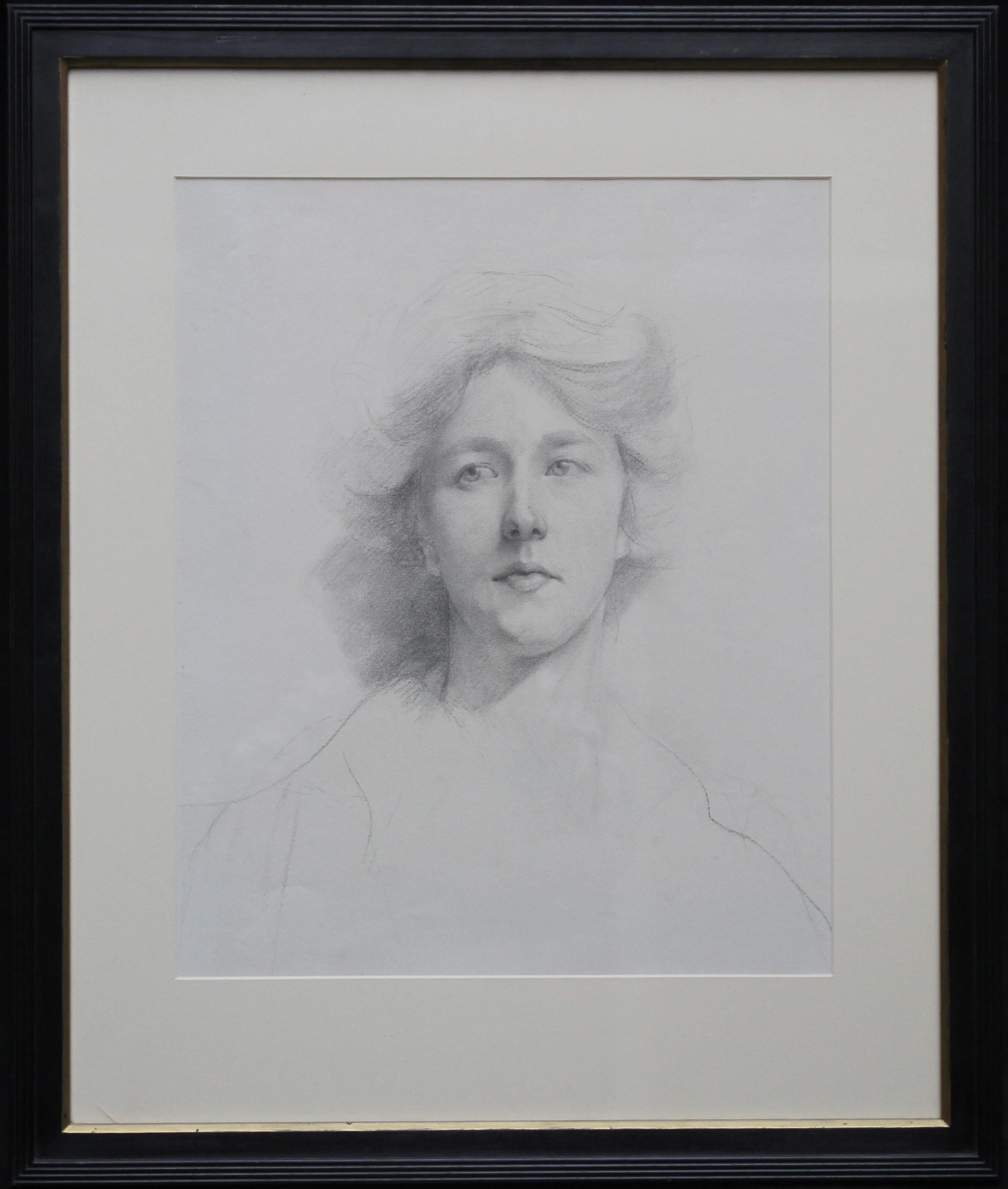 Self Portrait - British Italian art Edwardian pencil drawing female artist For Sale 3