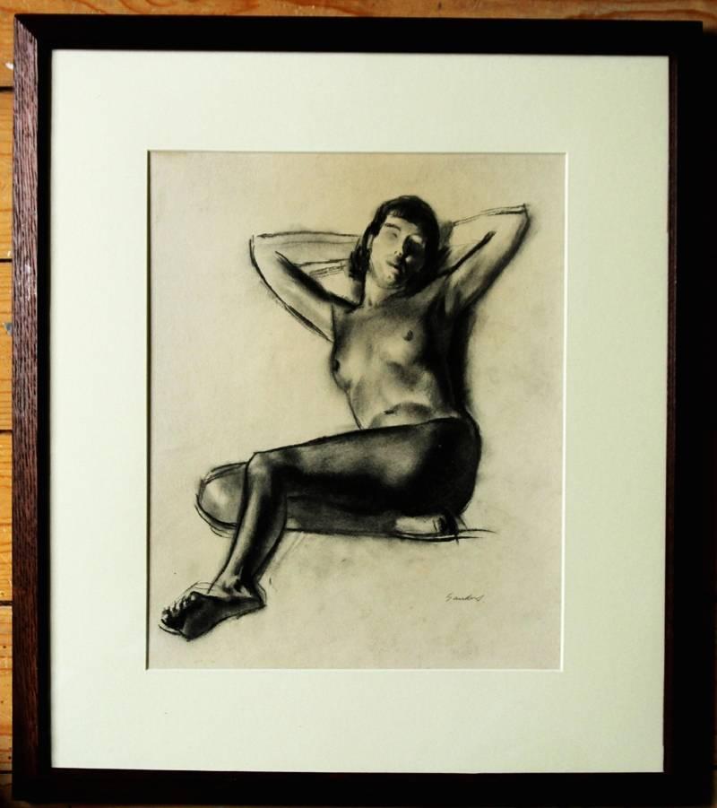 Christopher Sanders Nude – Akt – britische Art déco-Zeichnung eines liegenden erotischen weiblichen Aktporträts, RA-Künstler