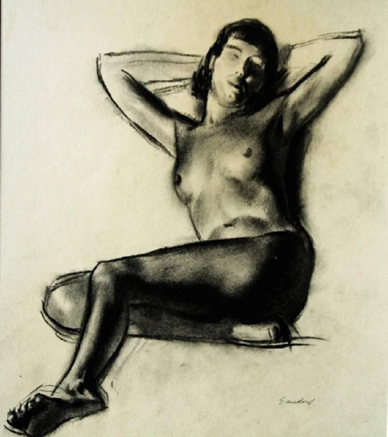An original circa 1940 drawing painted by Royal Academy artist Christopher Sanders. A fine example of a Modern British nude drawing by an artist who exhibited hundreds of times at The Royal Academy. A very bold distinctive Art Deco artwork in fine