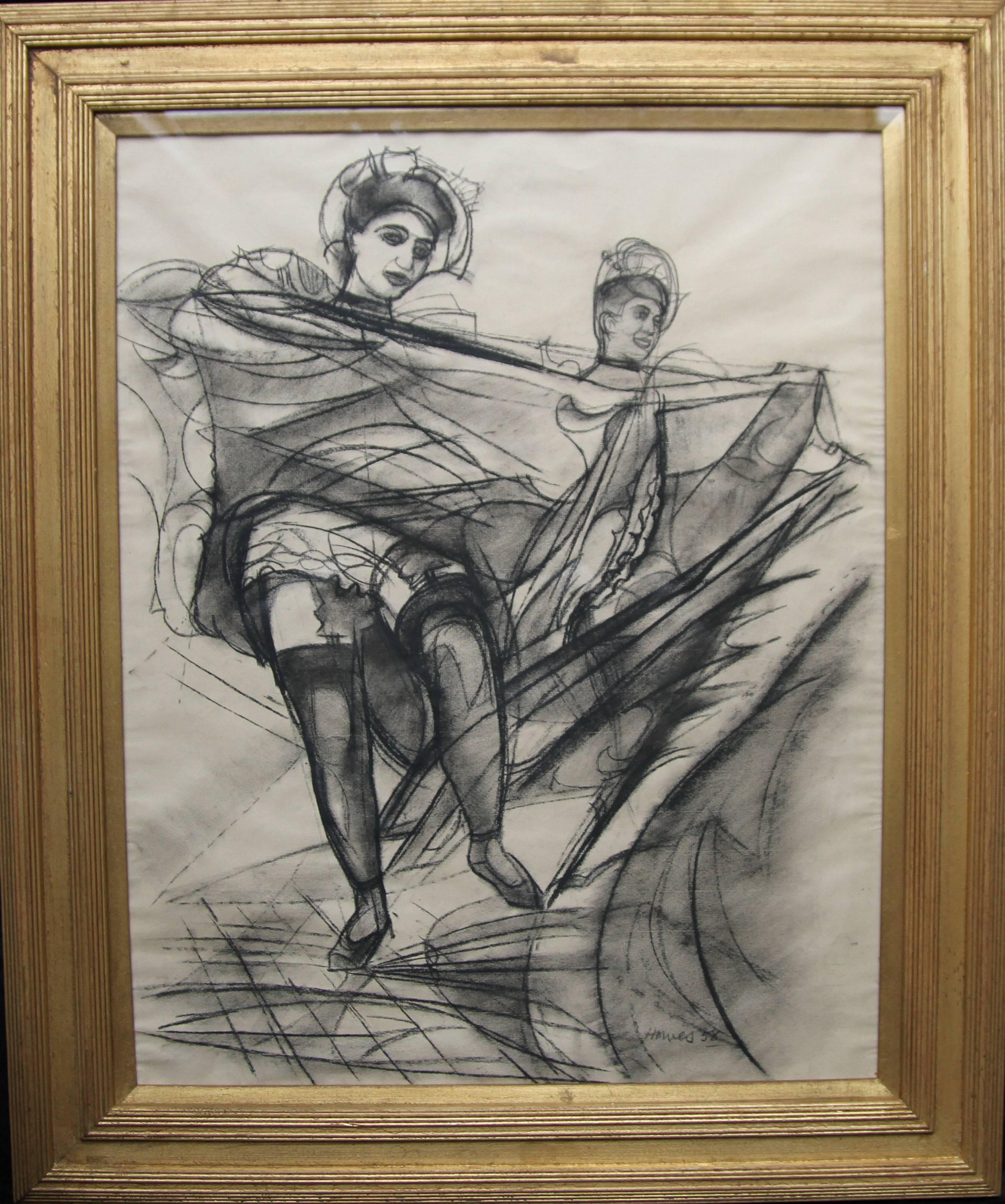 Frank G. Howes Figurative Art - Can Can Dancers - British Art Deco drawing Burlesque women dancers VG provenance