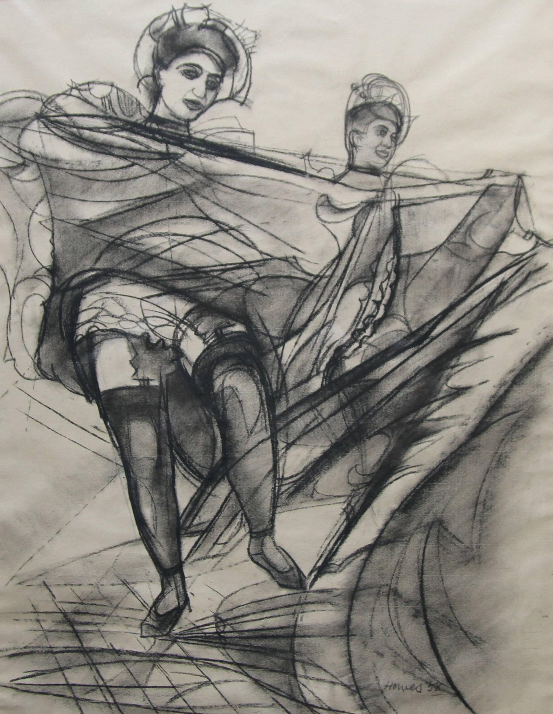 Eine große, detaillierte Art Deco Bleistift-Kohle-Impressionismus-Darstellung von Can Can Tänzern, die um 1956 von Frank G Howes ausgeführt wurde. Ausgezeichnete Provenienz.  
Signiert unten rechts.
Provenienz. Ex Christie's. 
                     