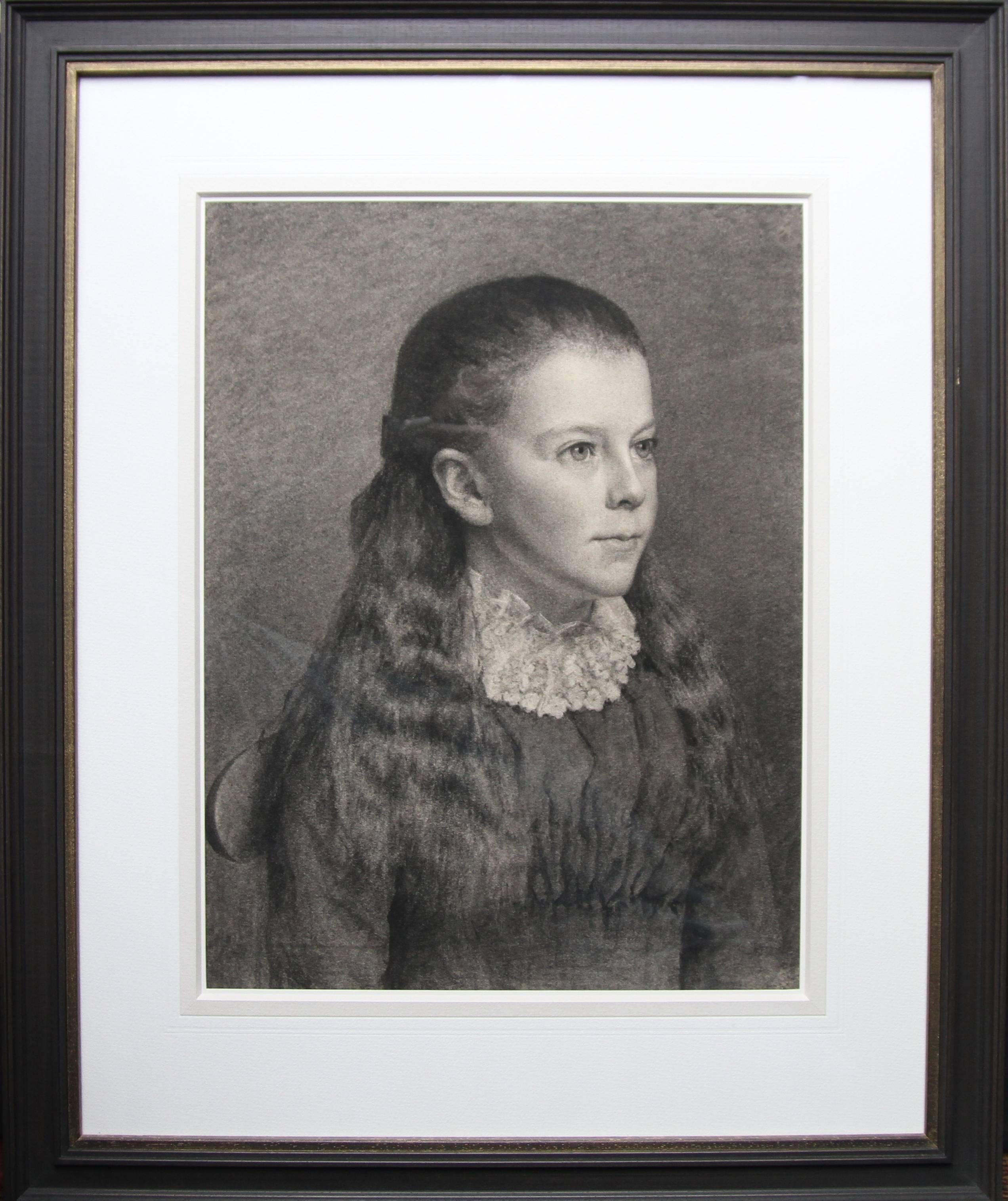 Portrait de jeune fille victorienne britannique préraphaélite, dessin au crayon 