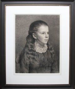 Antique Portrait of Young Girl Victorian British Pre-Raphaelite portrait pencil drawing 