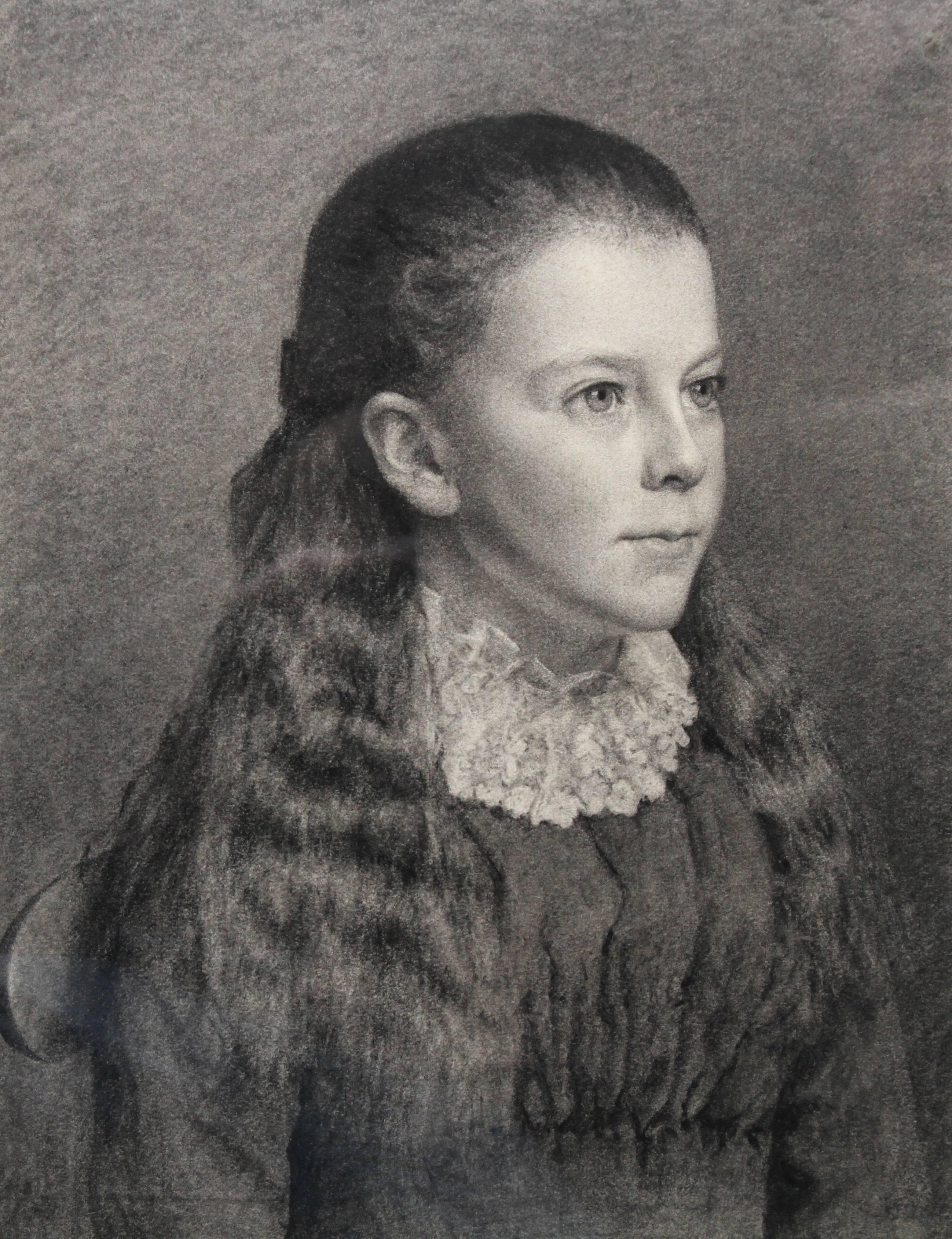 Viktorianisches britisches präraffaelitisches Porträt eines jungen Mädchens, Bleistiftzeichnung  – Art von Unknown