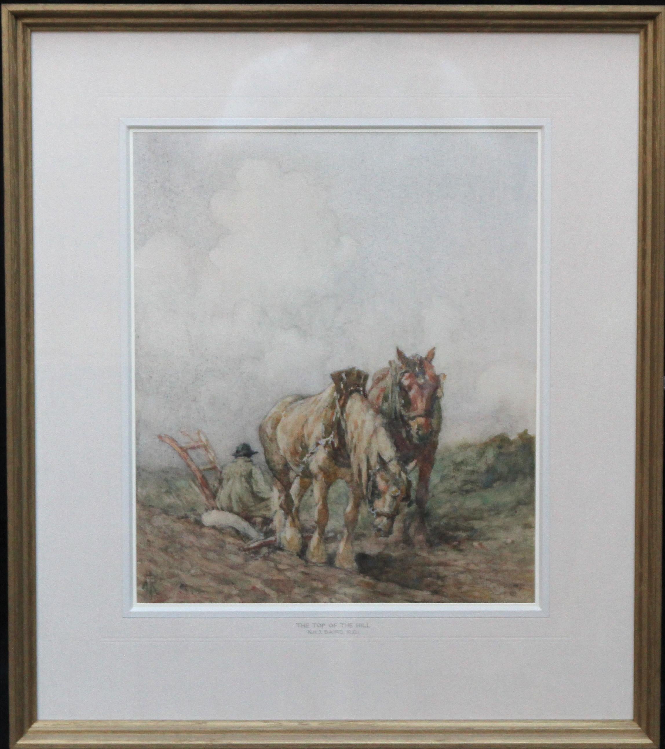 Nathaniel Hughes John Baird Landscape Art - Horses Top of the Hill - Scottish 1900 Impressionist landscape equine art W/C