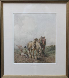 Antique Horses Top of the Hill - Scottish 1900 Impressionist landscape equine art W/C