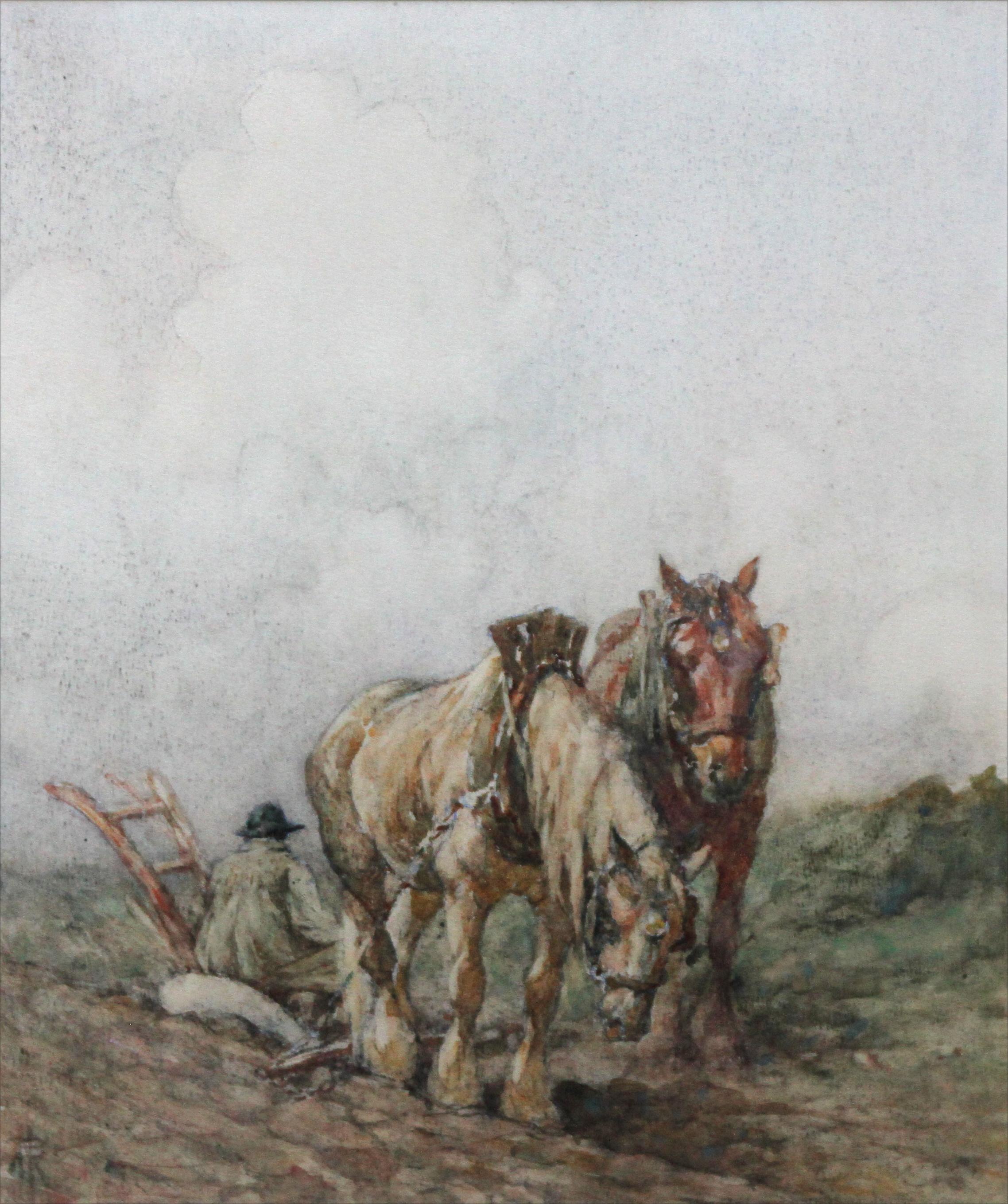 Horses Top of the Hill - Scottish 1900 Impressionist landscape equine art W/C - Art by Nathaniel Hughes John Baird