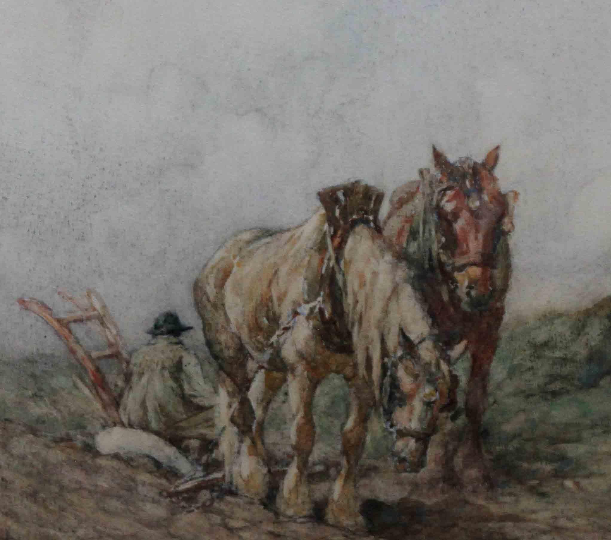 This beautiful Scottish Impressionist watercolour painting is by noted animal and horse painter Nathaniel Hughes John Baird. Painted circa 1900 it depicts a plough team and a farmer at rest at the top of a hill. The farmer is sitting on the plough