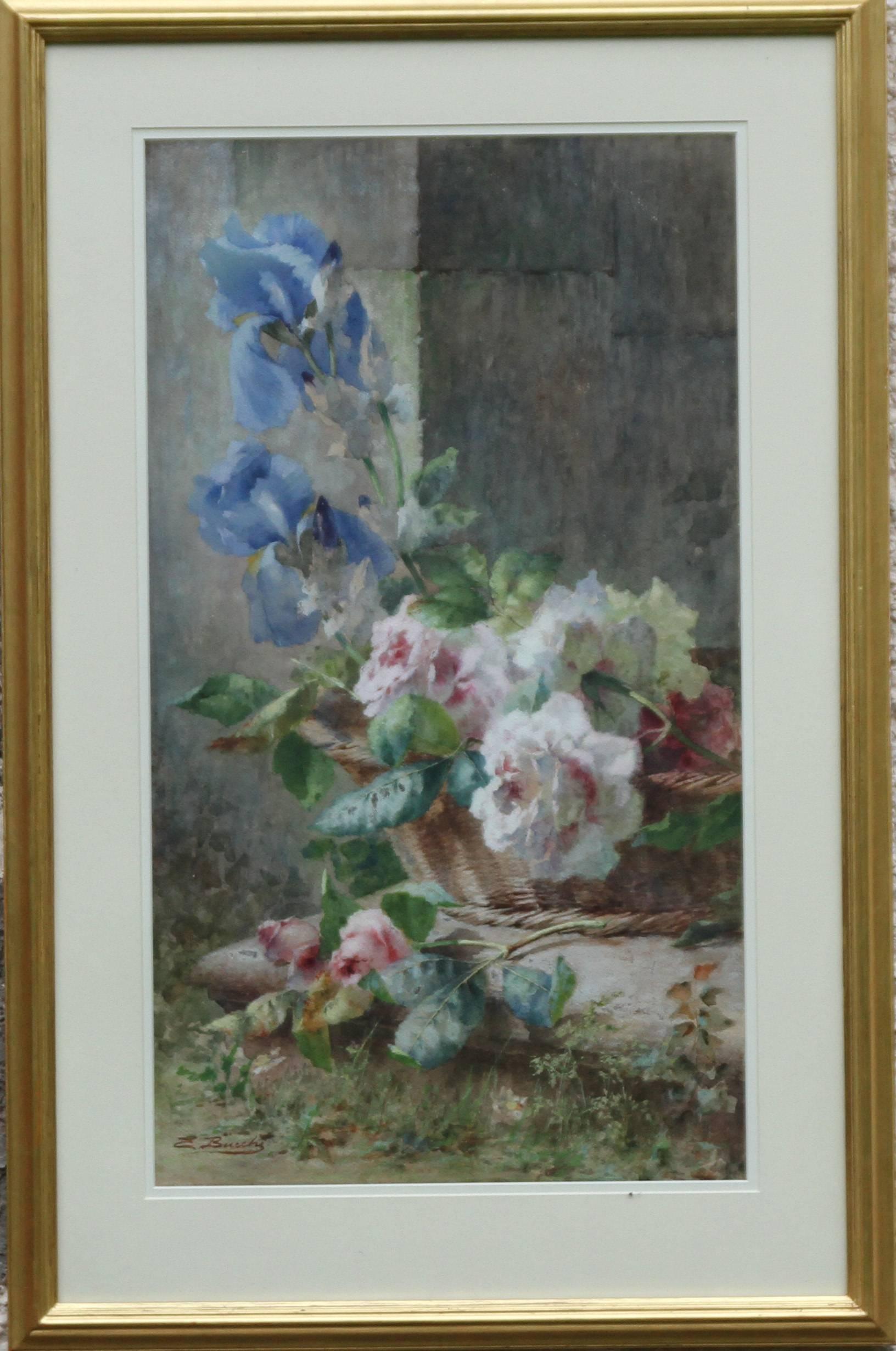 Ermocrate Bucchi Still-Life – Irisen und Rosen in Korb - Italienisches Blumenstillleben des 19. Jahrhunderts