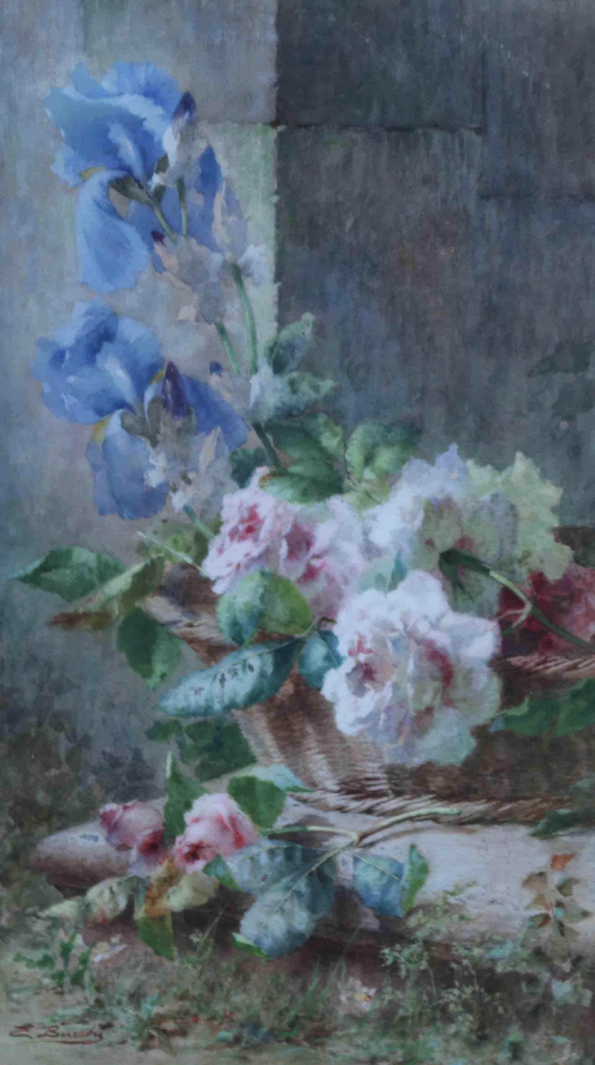 Irises and Roses in Basket - Italian 19th Century art floral still life painting - Art by Ermocrate Bucchi