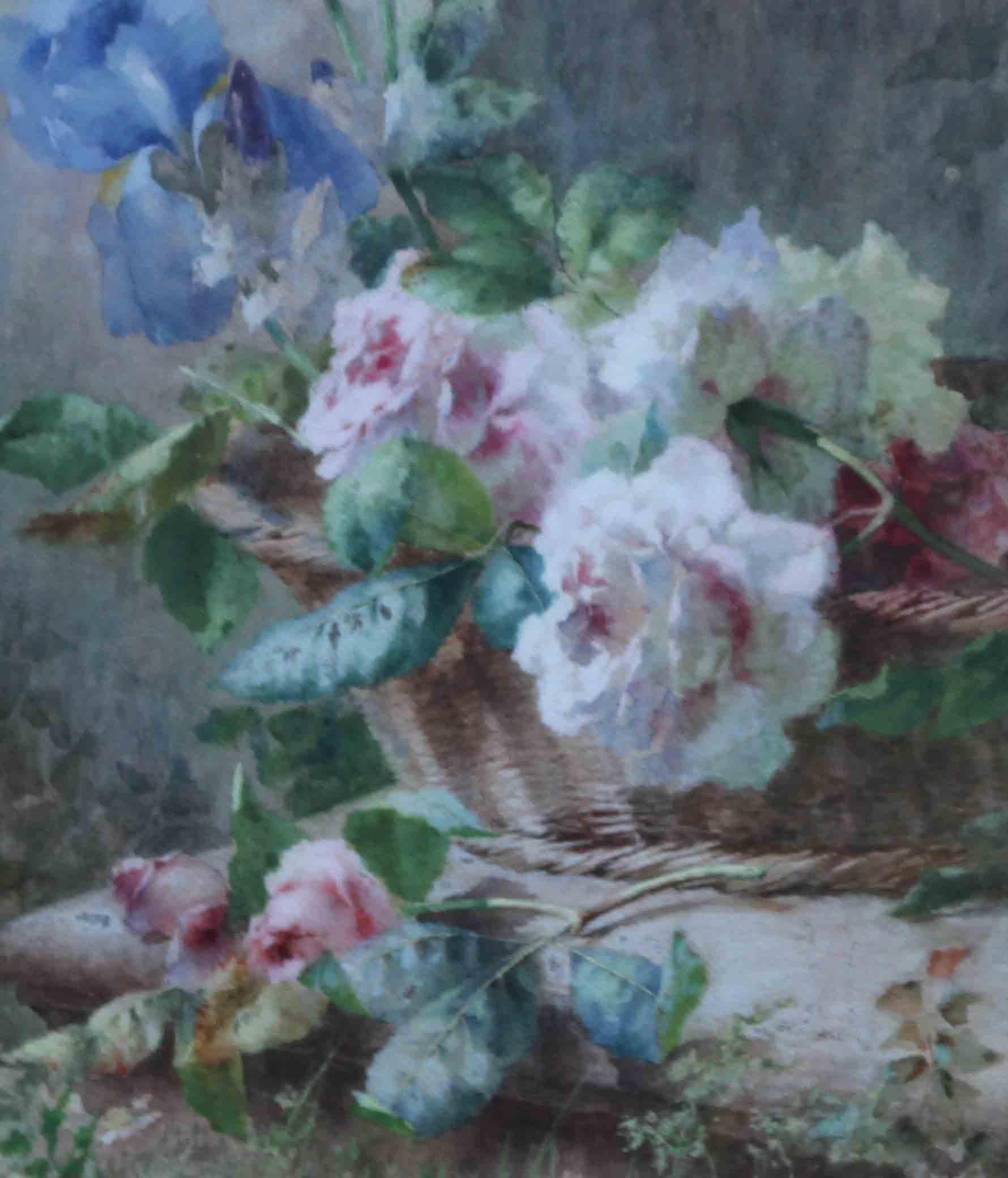 Irises and Roses in Basket - Italian 19th Century art floral still life painting - Impressionist Art by Ermocrate Bucchi