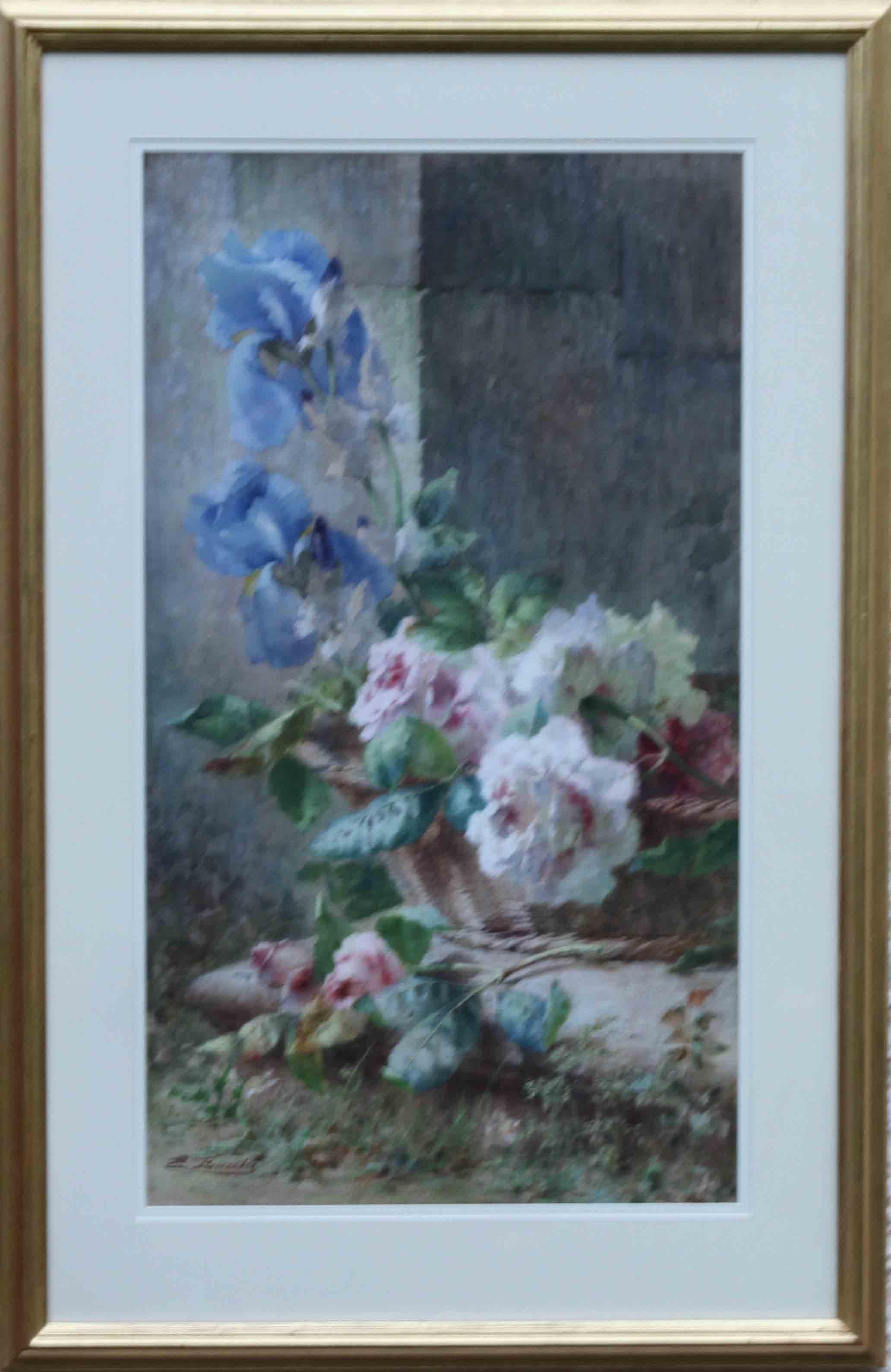Irises and Roses in Basket - Italian 19th Century art floral still life painting For Sale 9