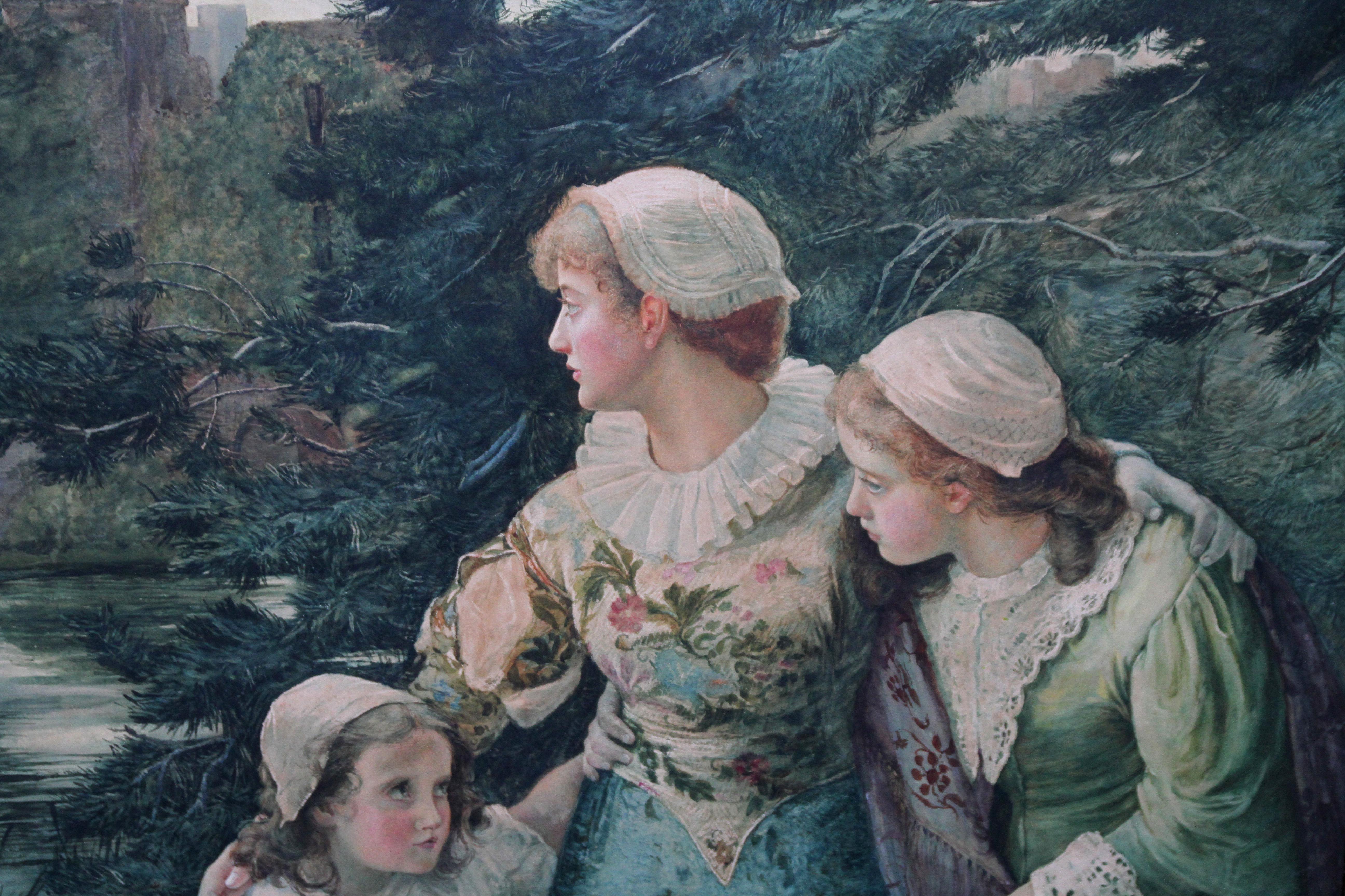 The Village Maids - L'art victorien britannique a exposé une peinture à l'aquarelle de 1880 - Préraphaélite Art par Marcella M Walker