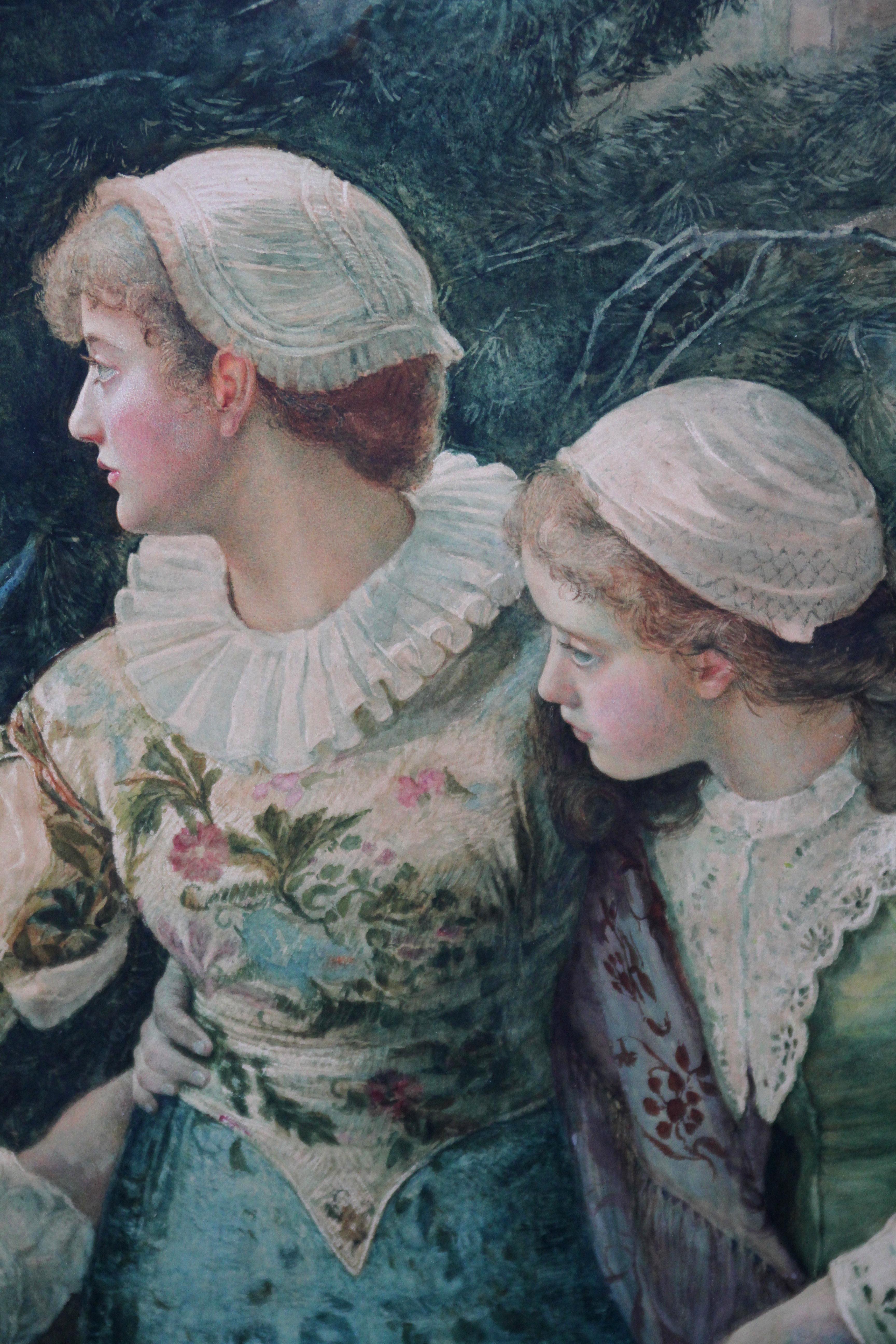 The Village Maids - L'art victorien britannique a exposé une peinture à l'aquarelle de 1880 en vente 1