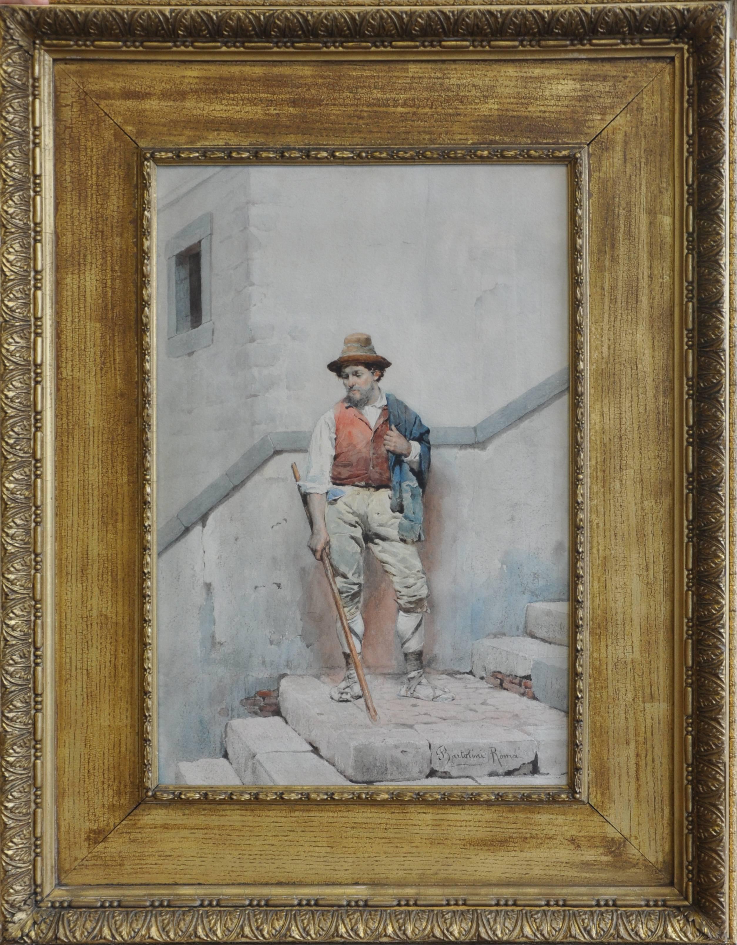 Portrait d'un paysan italien -  Peinture à l'aquarelle d'art victorienne 