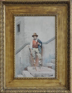Retrato de un campesino italiano -  Pintura en acuarela de arte victoriano