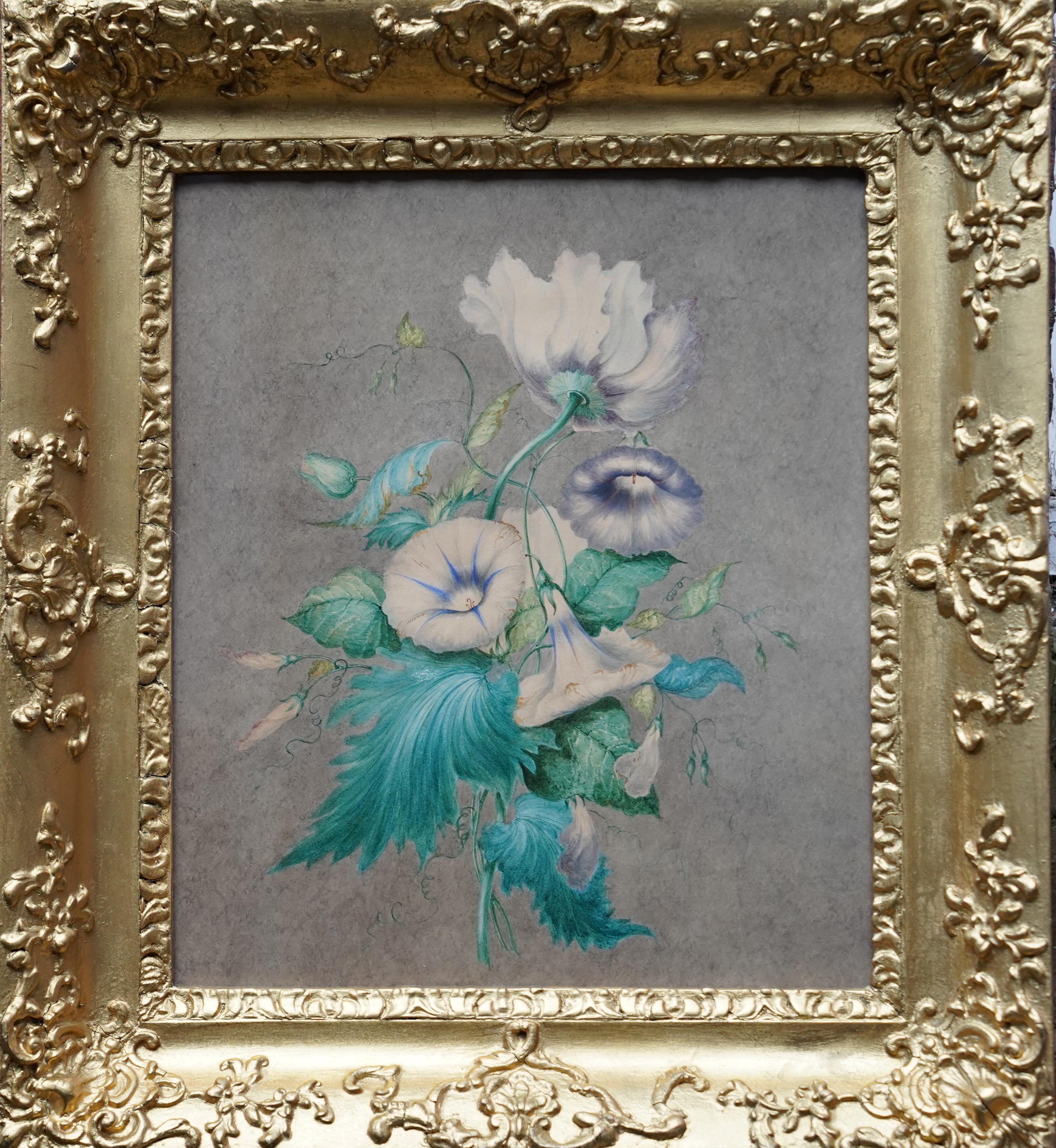 Still-Life Unknown - « Morning Glory and Poppy Floral » - Peinture de fleurs de maîtres anciens britanniques avec dorures