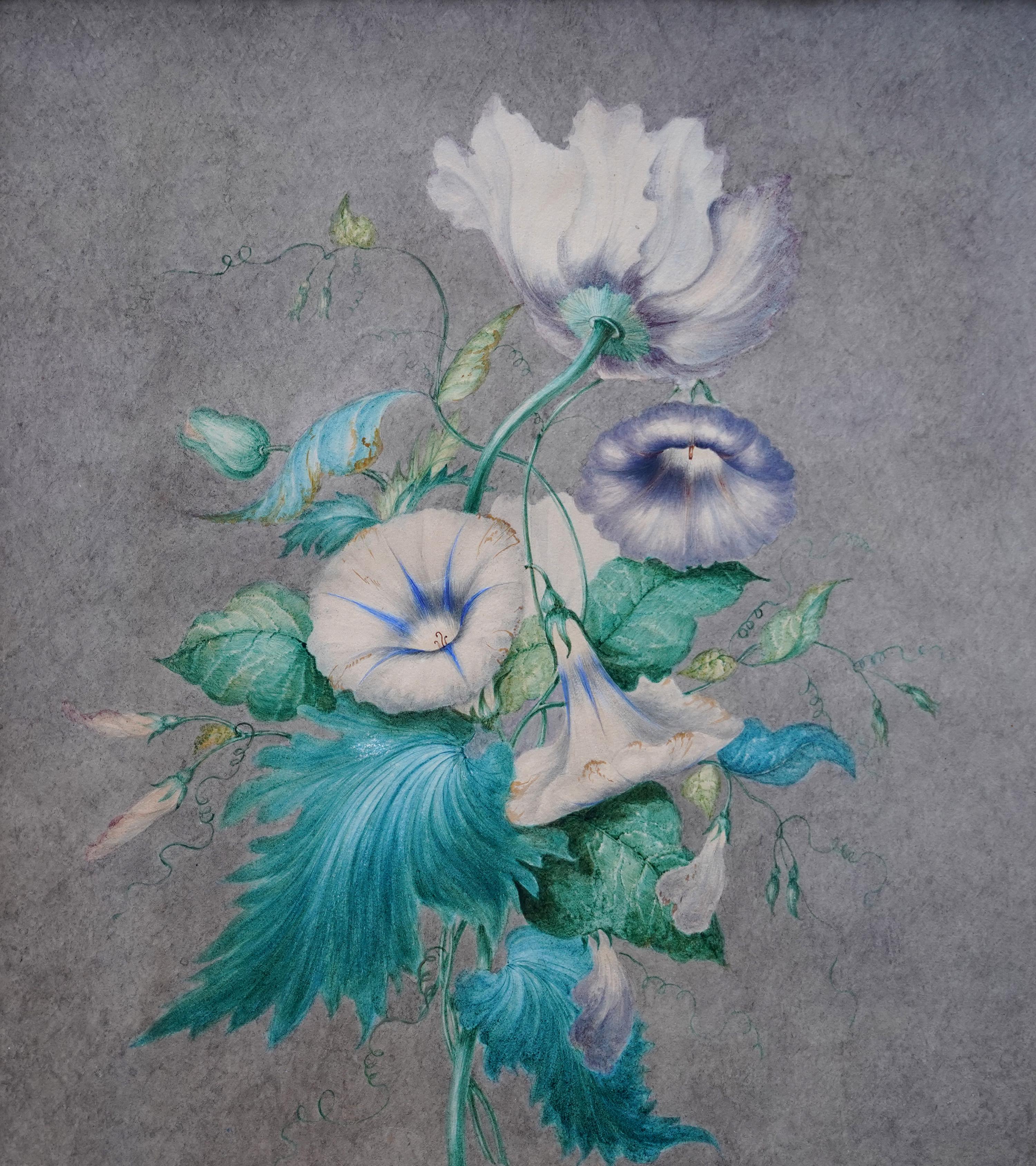 « Morning Glory and Poppy Floral » - Peinture de fleurs de maîtres anciens britanniques avec dorures - Art de Unknown