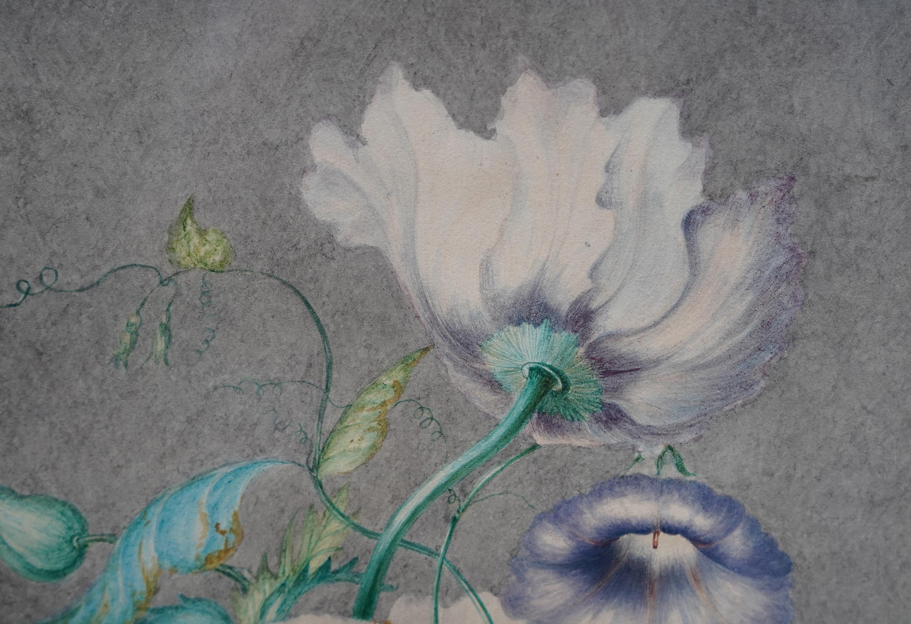 « Morning Glory and Poppy Floral » - Peinture de fleurs de maîtres anciens britanniques avec dorures - Maîtres anciens Art par Unknown
