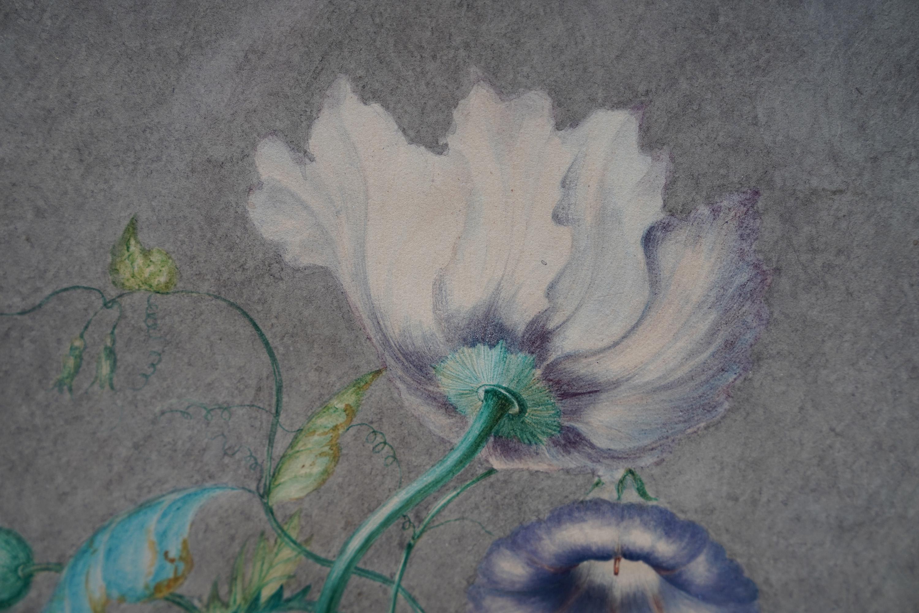 « Morning Glory and Poppy Floral » - Peinture de fleurs de maîtres anciens britanniques avec dorures en vente 3