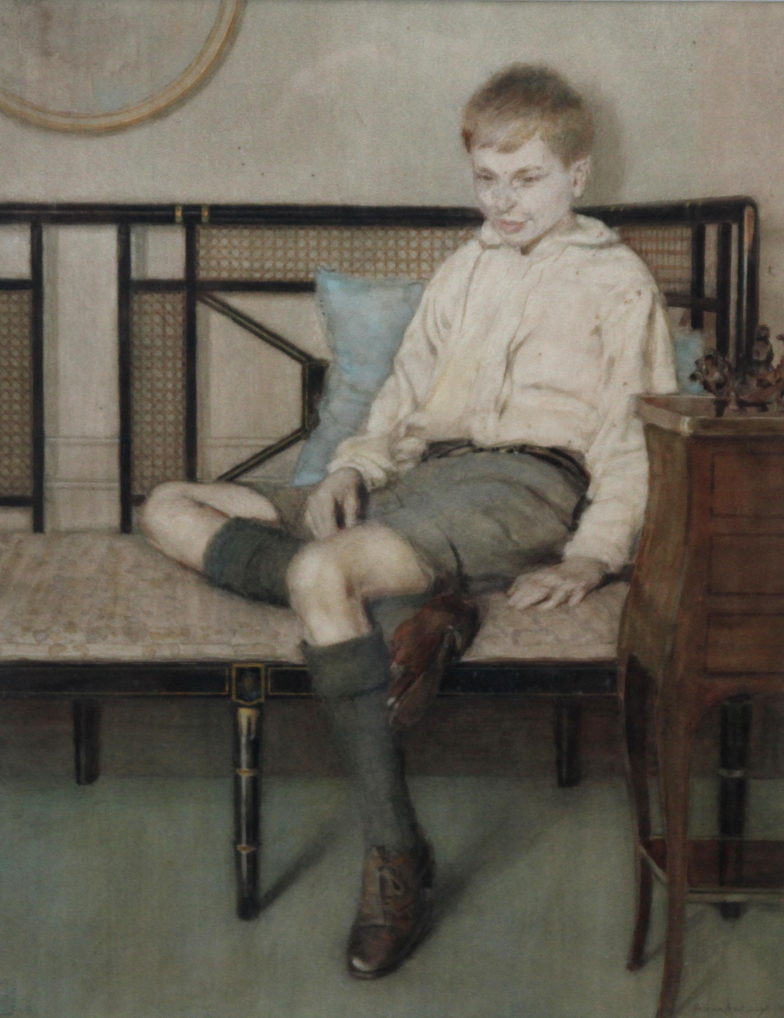 This large stunning watercolour portrait was painted circa 1930 by noted British female artist Anna Airy. The portrait depicts a full length boy seated in a beautiful Art Deco interior. A strong 20th century portrait, it is in good condition and