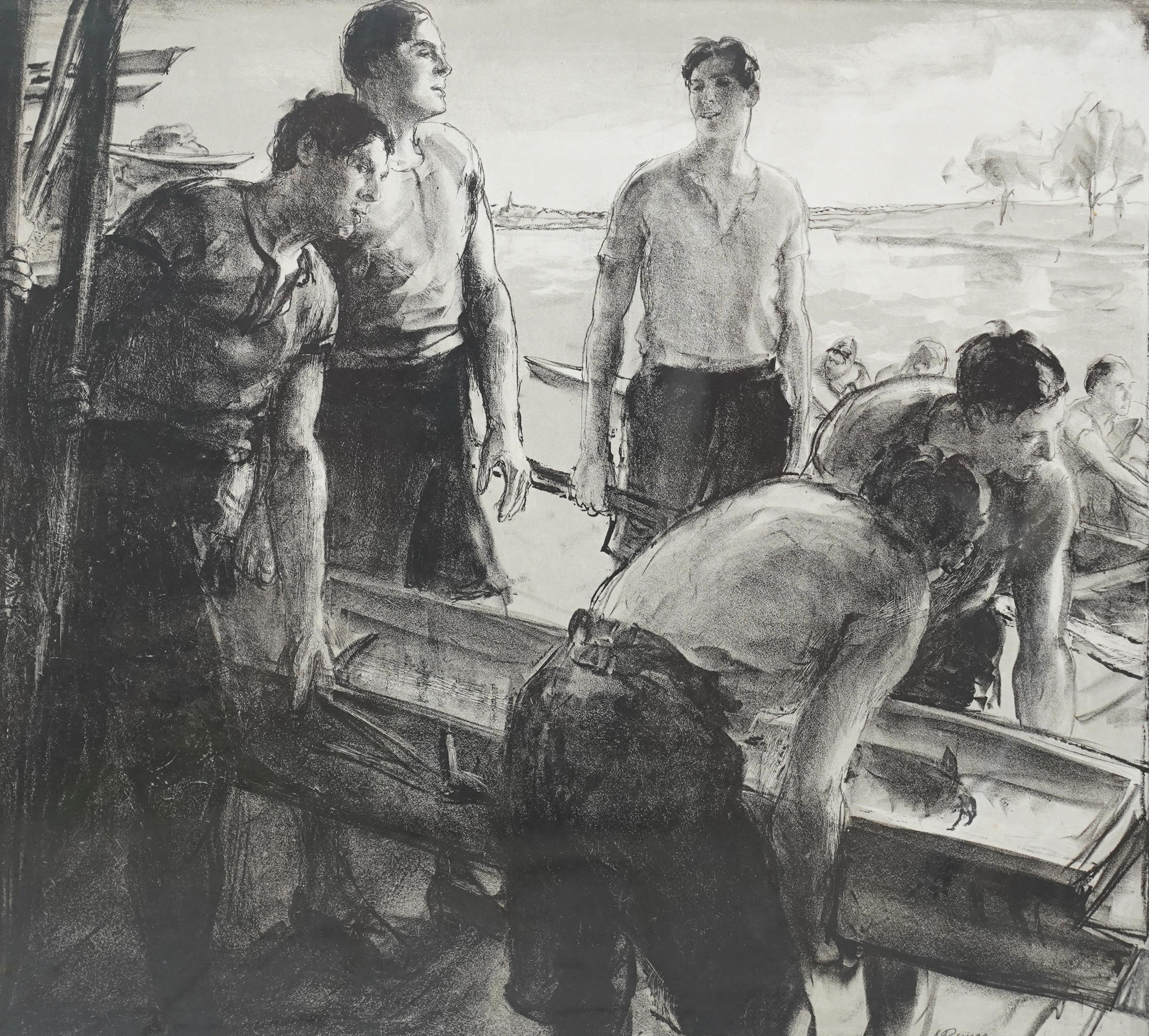 Rowers Before the Race - British 1930's art sport lithograph rowing - Art by Spencer Pryse