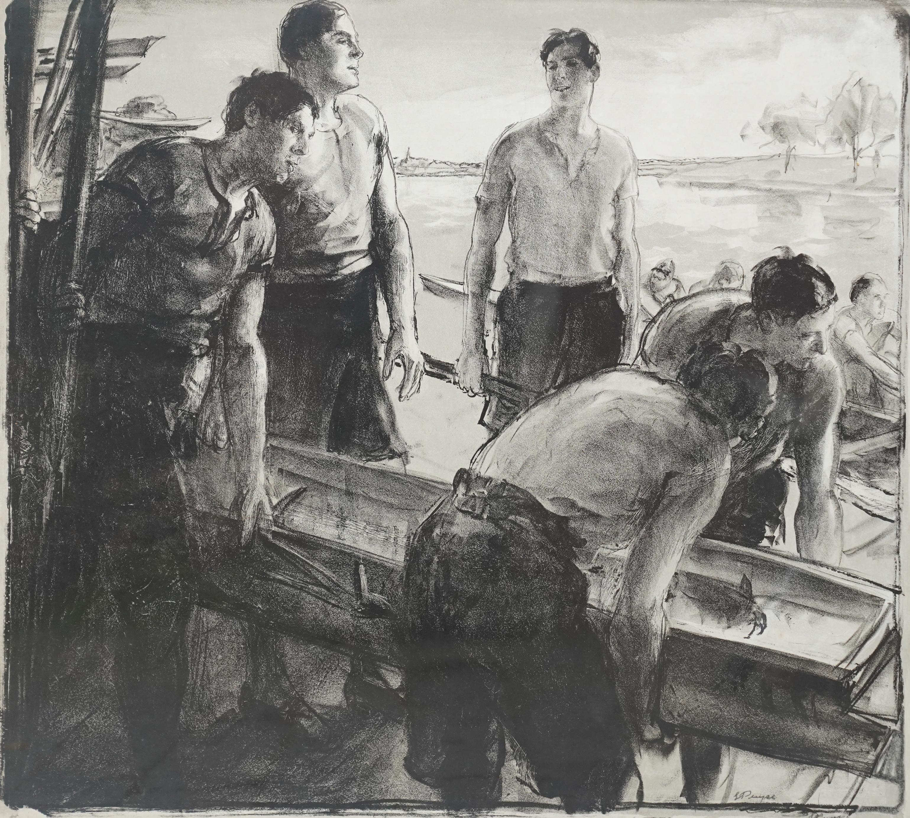 Rowers Before the Race - British 1930's art sport lithograph rowing - Realist Art by Spencer Pryse