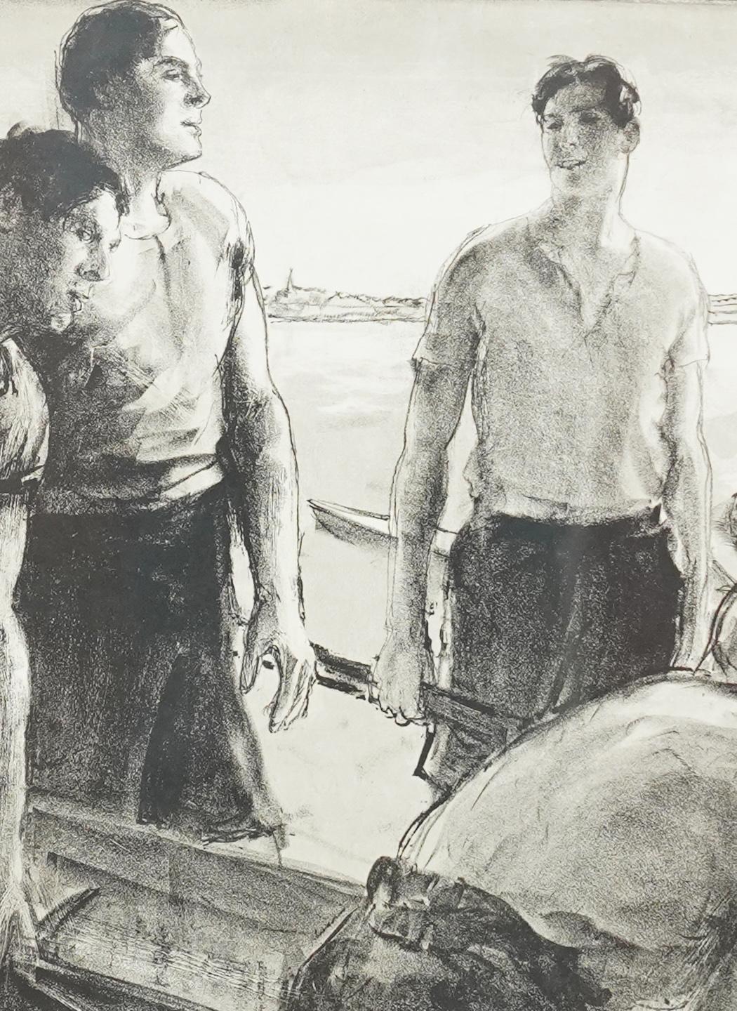 Rowers vor dem Rennen – britisches Kunstsport-Lithographie-Schaukeln aus den 1930er Jahren im Angebot 1