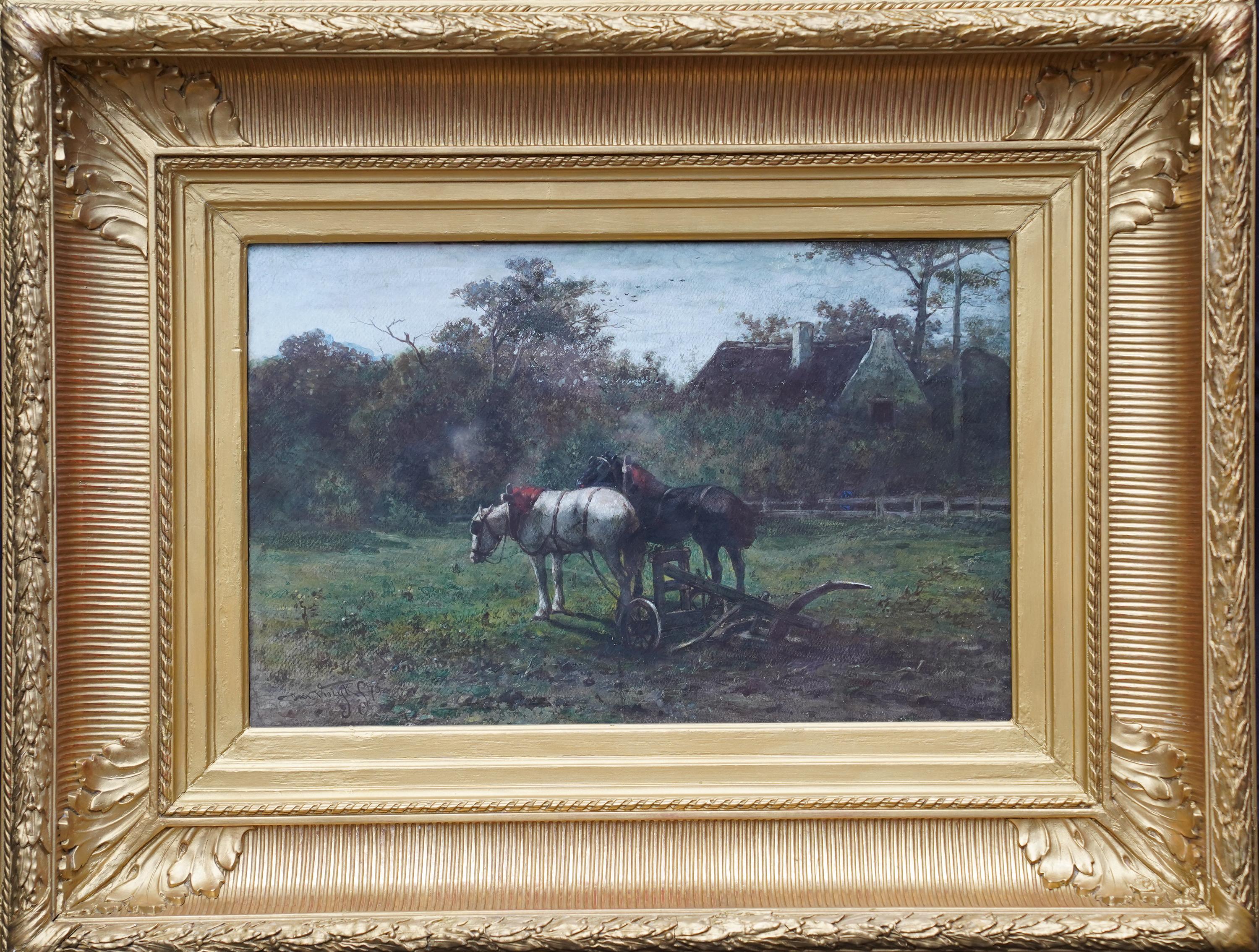 Travaillant des chevaux dans un paysage - Peinture d'art animalier victorien néerlandais d'équitation avec motif C
