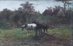 Working Horses in a Landscape - Dutch Victorian animal art equine W/C painting