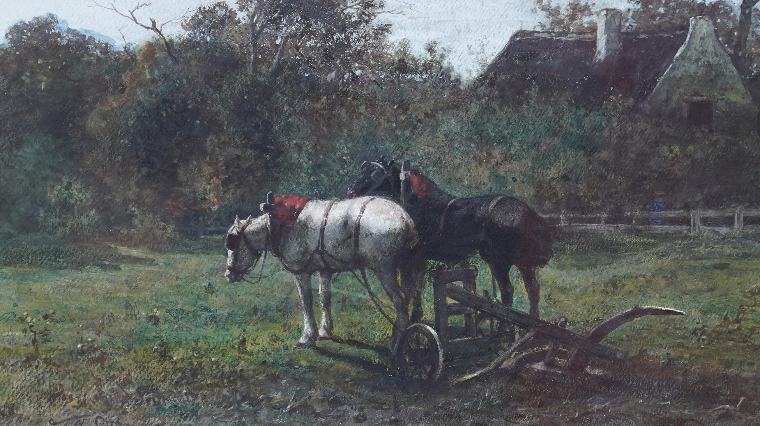 Working Horses in a Landscape - Dutch Victorian animal art equine W/C painting - Realist Art by Johannes Martinus Vrolyk