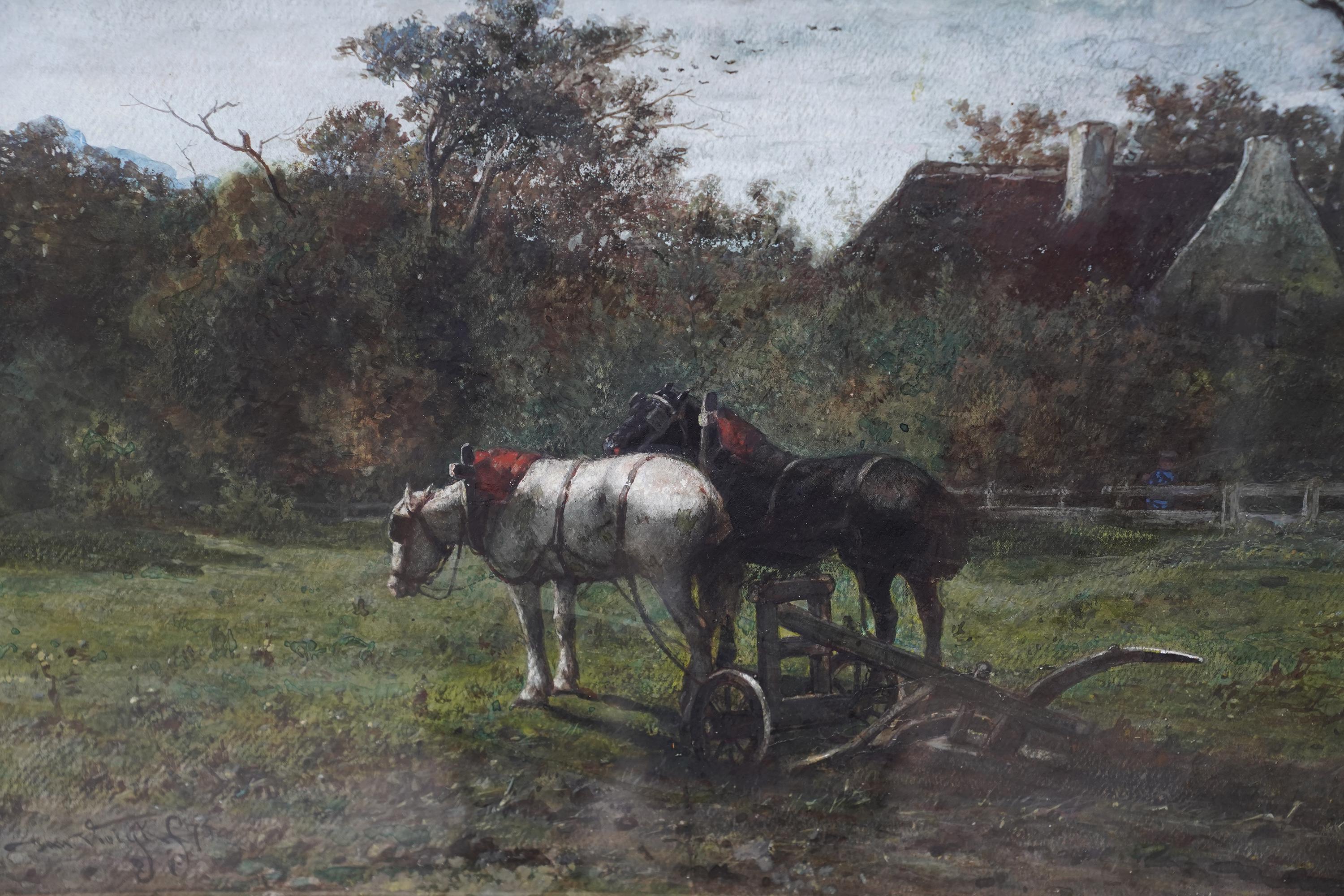 This lovely Victorian animal landscape watercolour painting is by Dutch artist Johannes Martinus Vrolyk or Vrolijk. Painted in 1875, the painting is of two working horses, one white one black in the foreground, having a mid-day rest from ploughing a