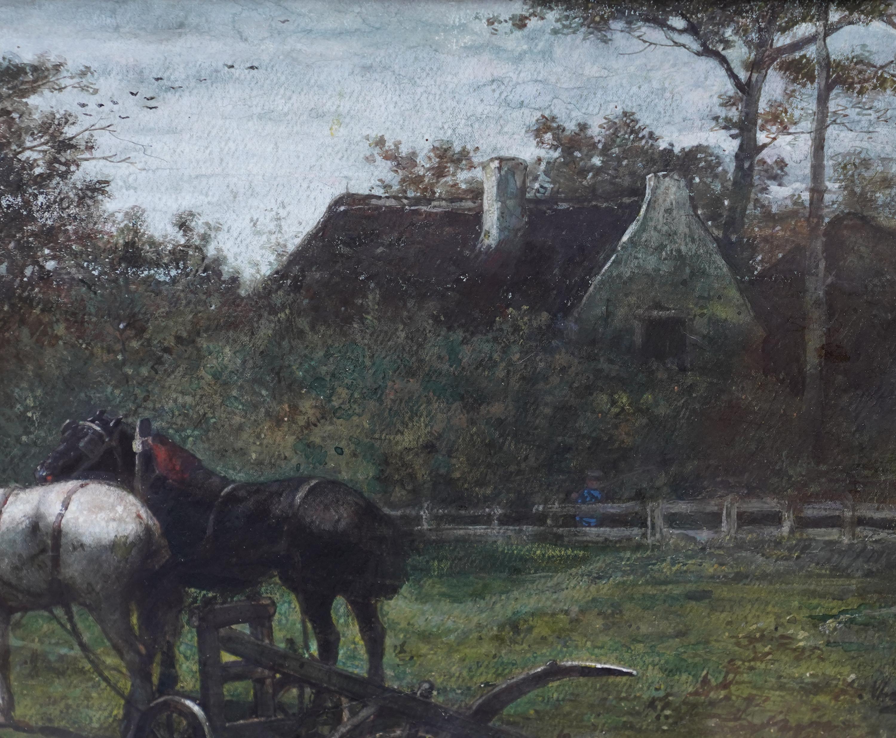 Working Horses in a Landscape - Dutch Victorian animal art equine W/C painting For Sale 1