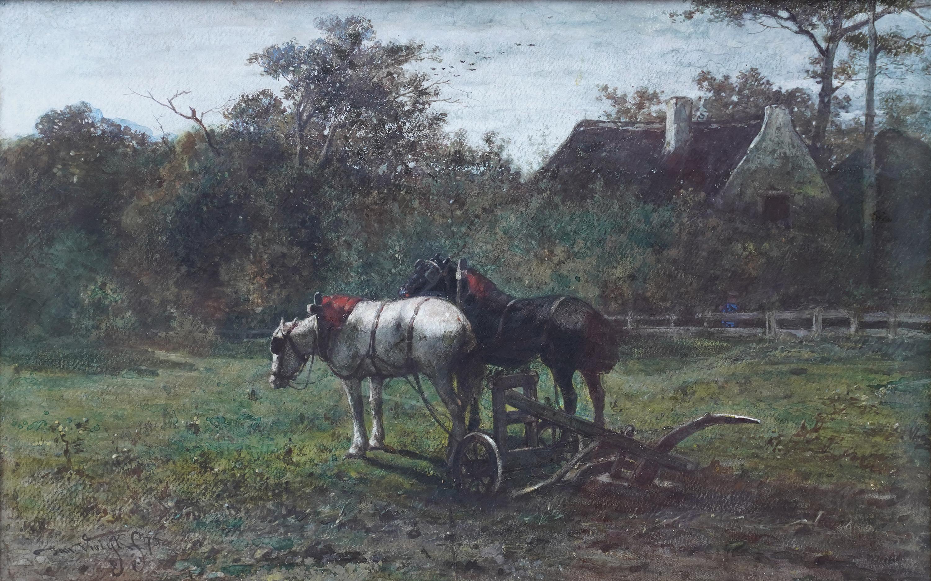 Working Horses in a Landscape - Dutch Victorian animal art equine W/C painting For Sale 7