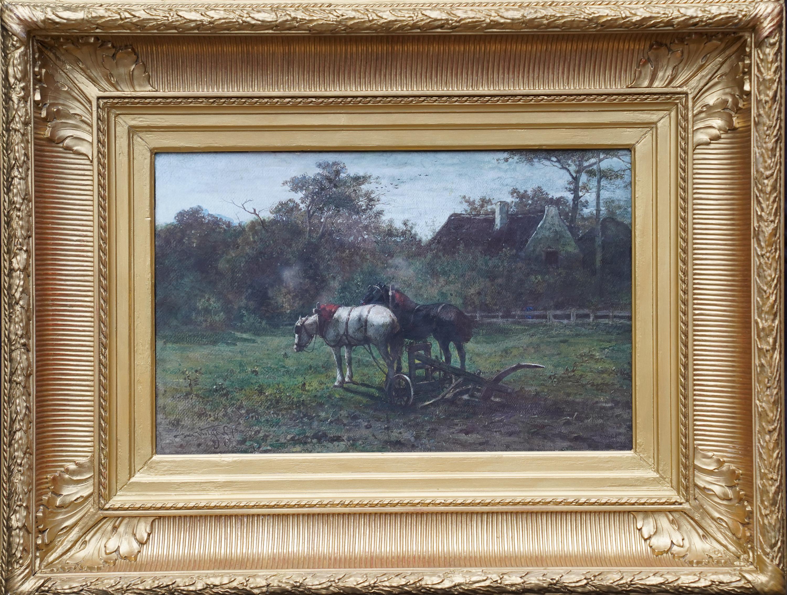 Cavalli da lavoro in un paesaggio - Quadro vittoriano olandese di arte animale equina W/C in vendita 4