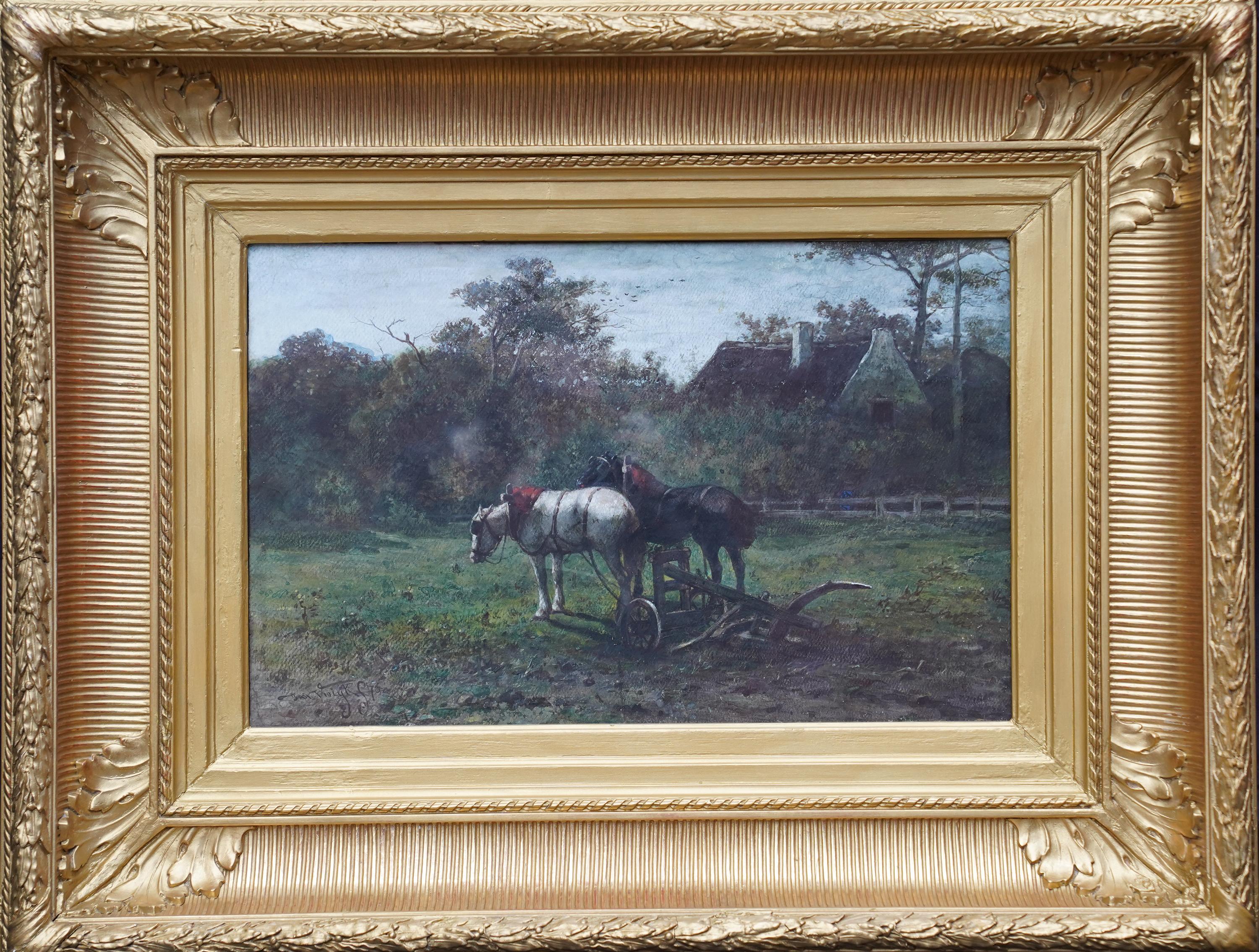 Working Horses in a Landscape - Dutch Victorian animal art equine W/C painting For Sale 7