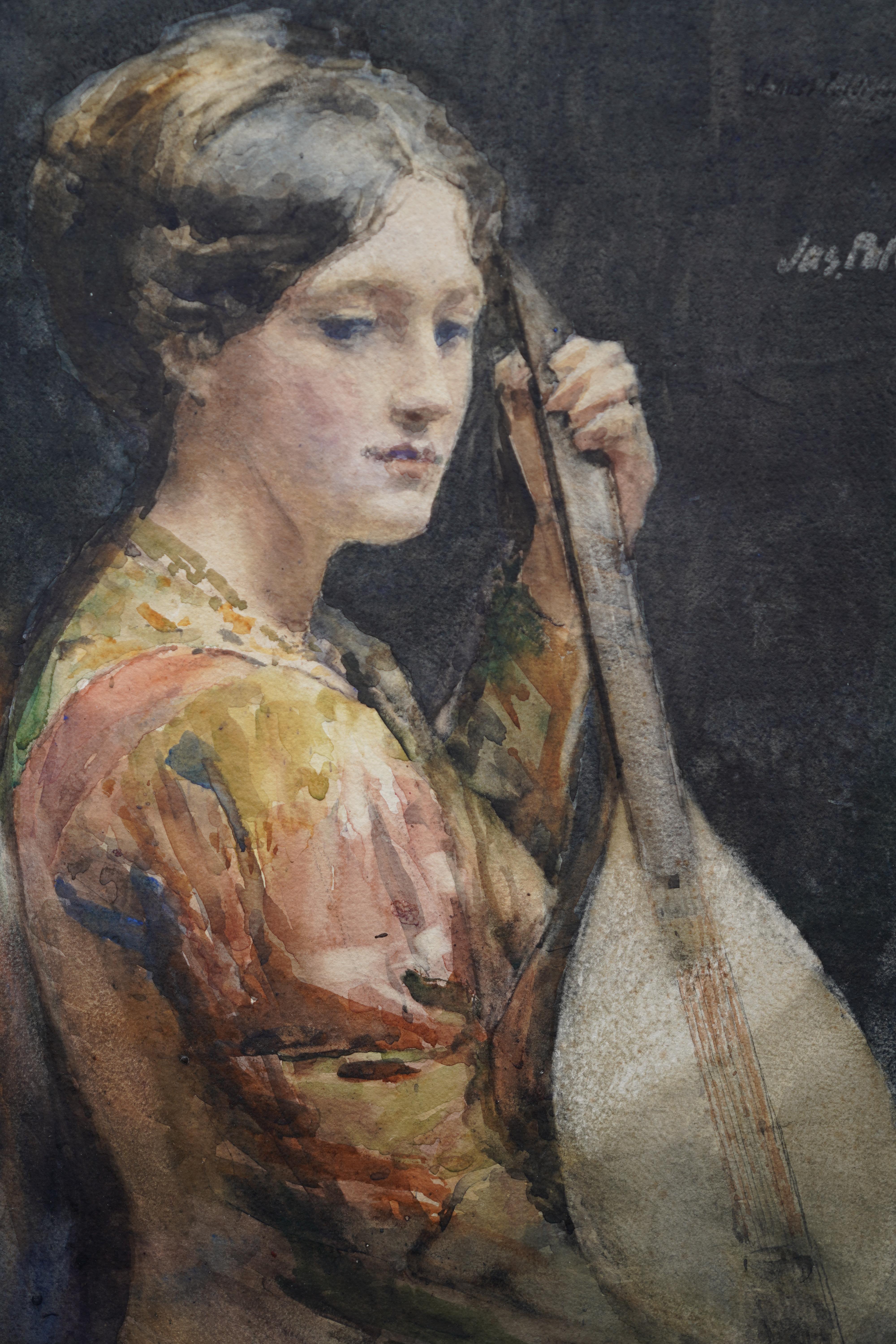 This stunning Victorian Impressionist portrait painting of a lute player is by noted Scottish Glasgow Boy artist James Paterson. Painted circa 1900 and exhibited at The Royal Scottish Society of Painters in Watercolour. It is a stunning half length