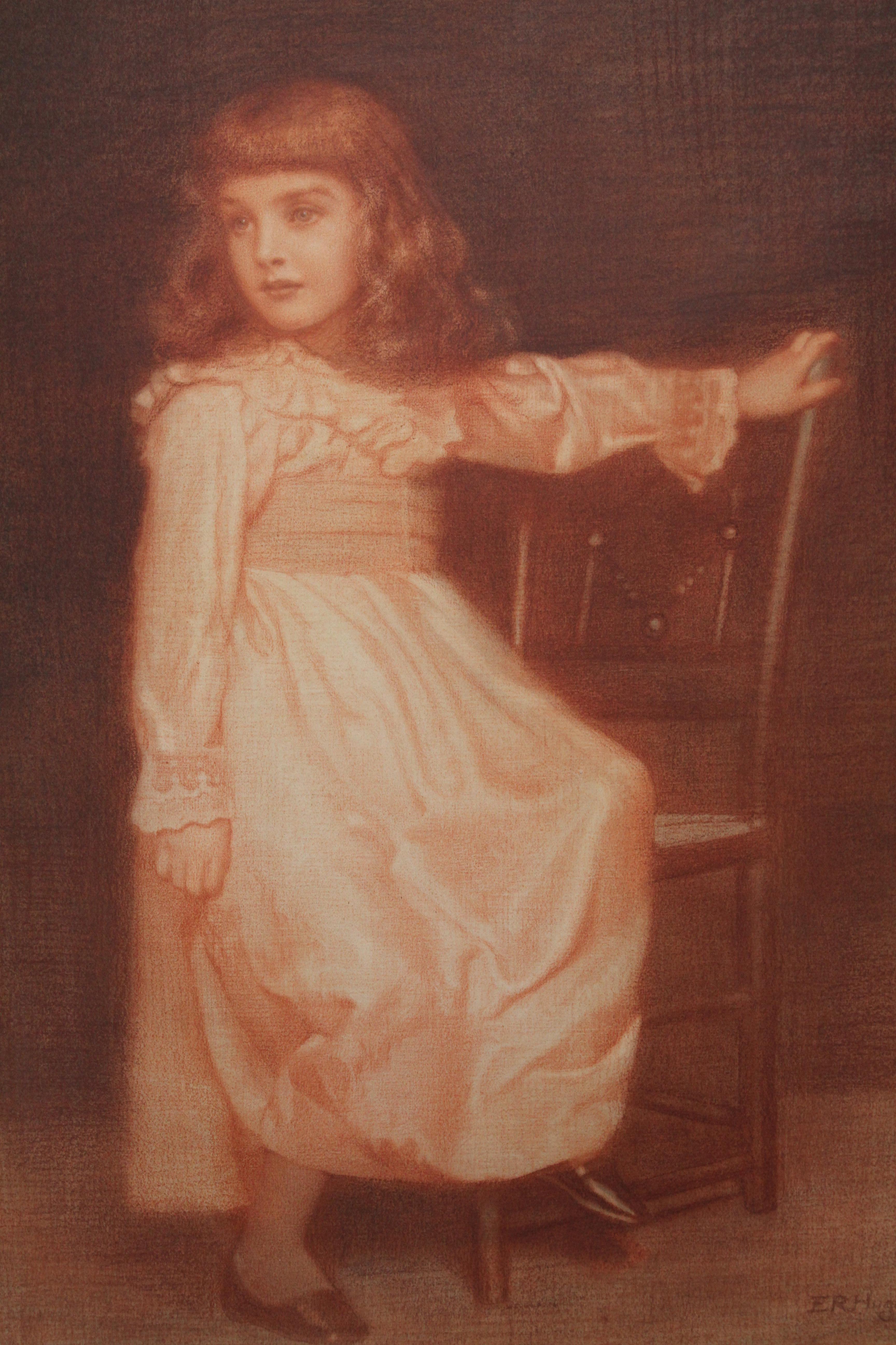 This captivating Victorian sanguine chalk portrait drawing of a young girl is by Pre-Raphaelite British artist Edward Robert Hughes. Signed and dated 1896, Hughes depicts in great detail her sweet young face and beautiful dress which appears to