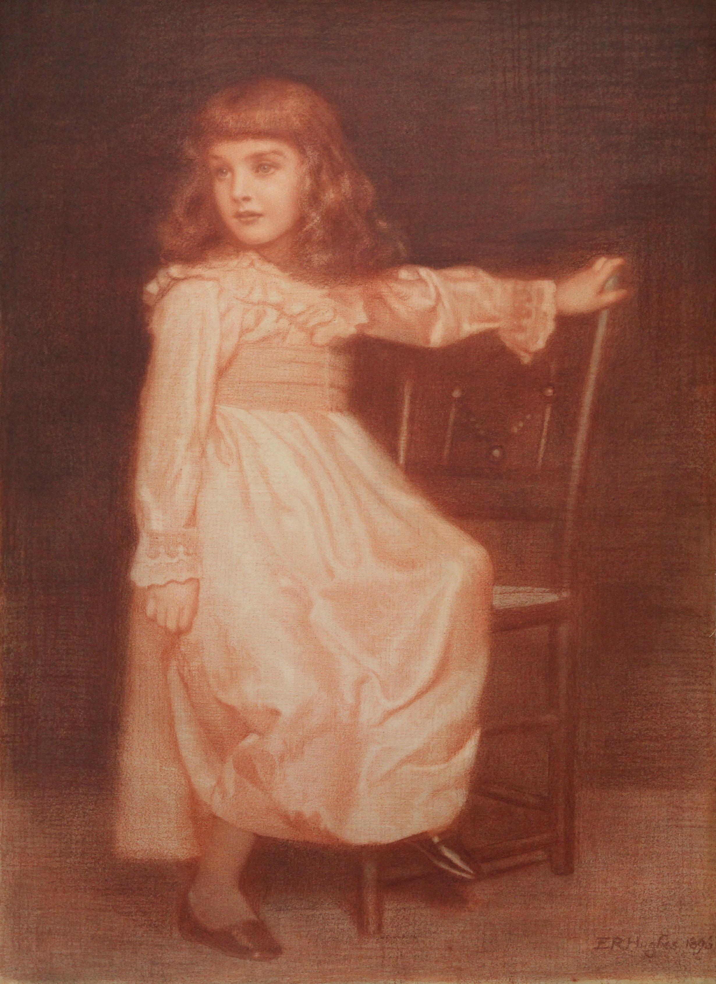 Portrait of Elaine Blunt - British 19th century art Pre-Raphaelite chalk drawing For Sale 4
