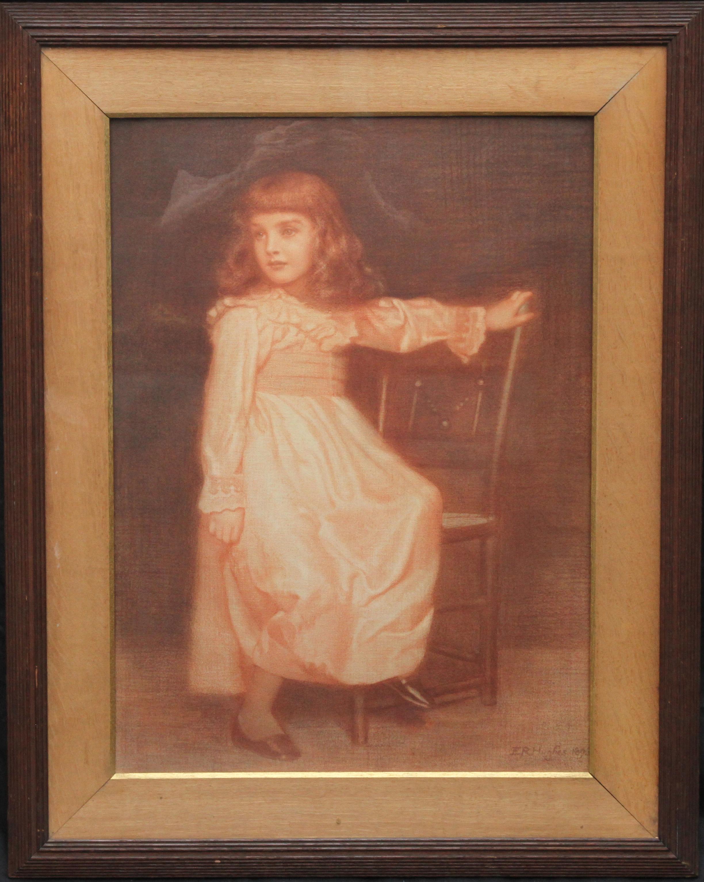 Portrait of Elaine Blunt - British 19th century art Pre-Raphaelite chalk drawing For Sale 5