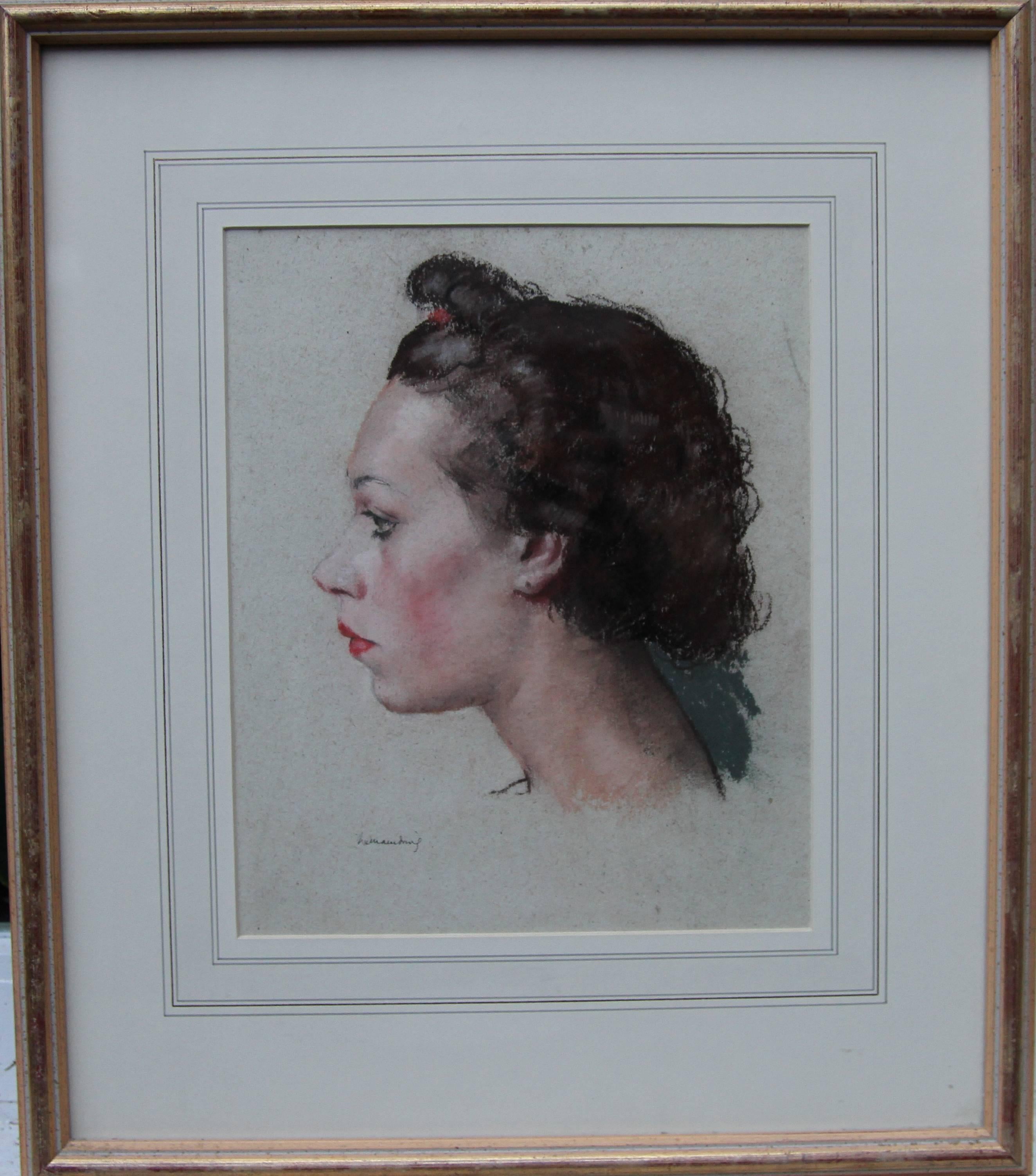 A fine detailed watercolour on paper by Royal Academician William Dring who was a noted portrait artist of the 20th century.  This portrait depicts a young woman in profile - and was painted circa 1937.  A very evocative Art Deco portrait. In