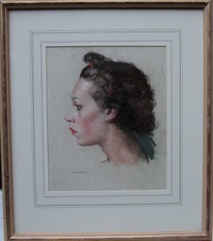 Vintage Portrait of a Woman - British Art Deco 1930's painting young lady red lipstick
