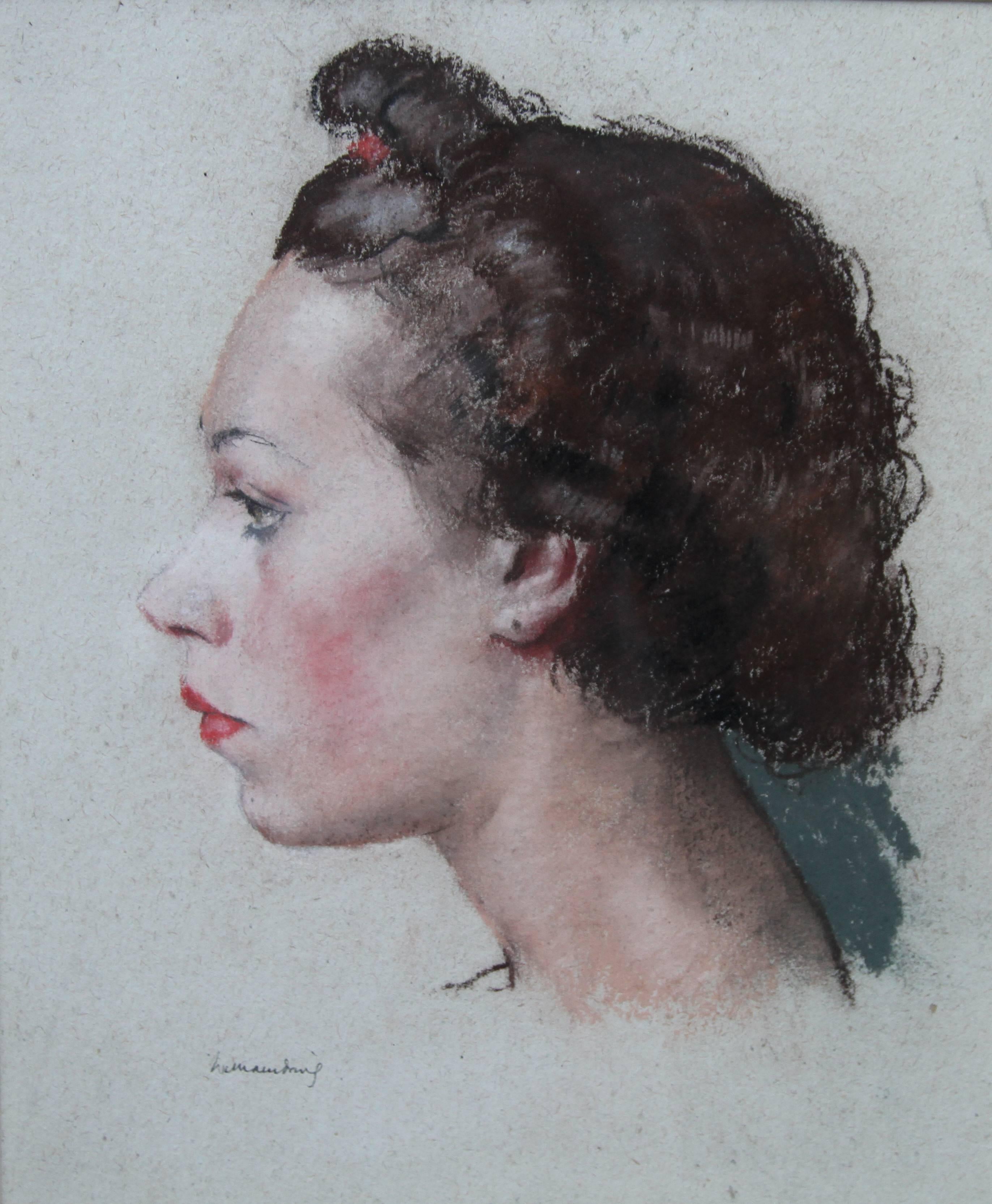 Portrait of a Woman - British Art Deco 1930's painting young lady red lipstick For Sale 1