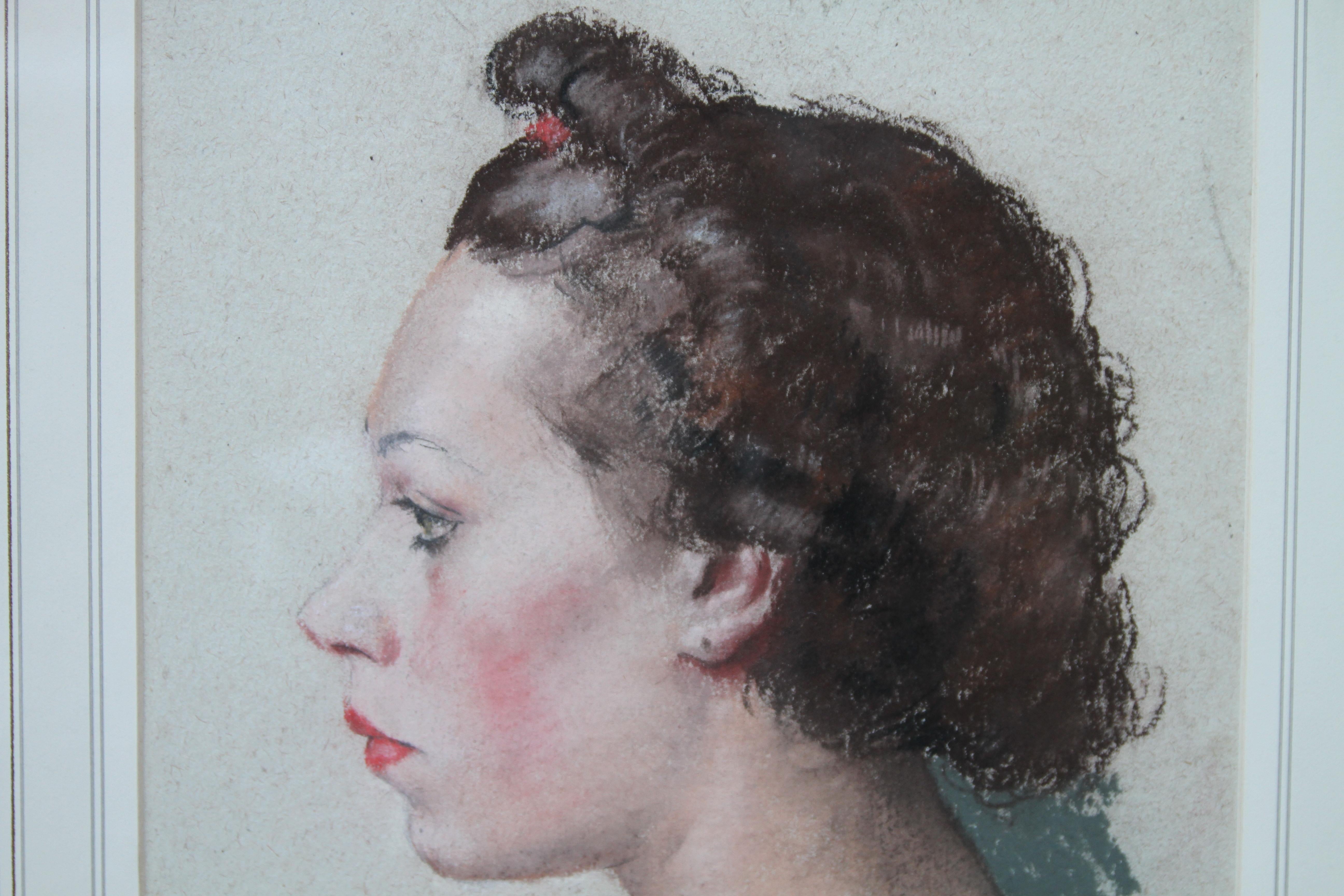 Portrait of a Woman - British Art Deco 1930's painting young lady red lipstick For Sale 2