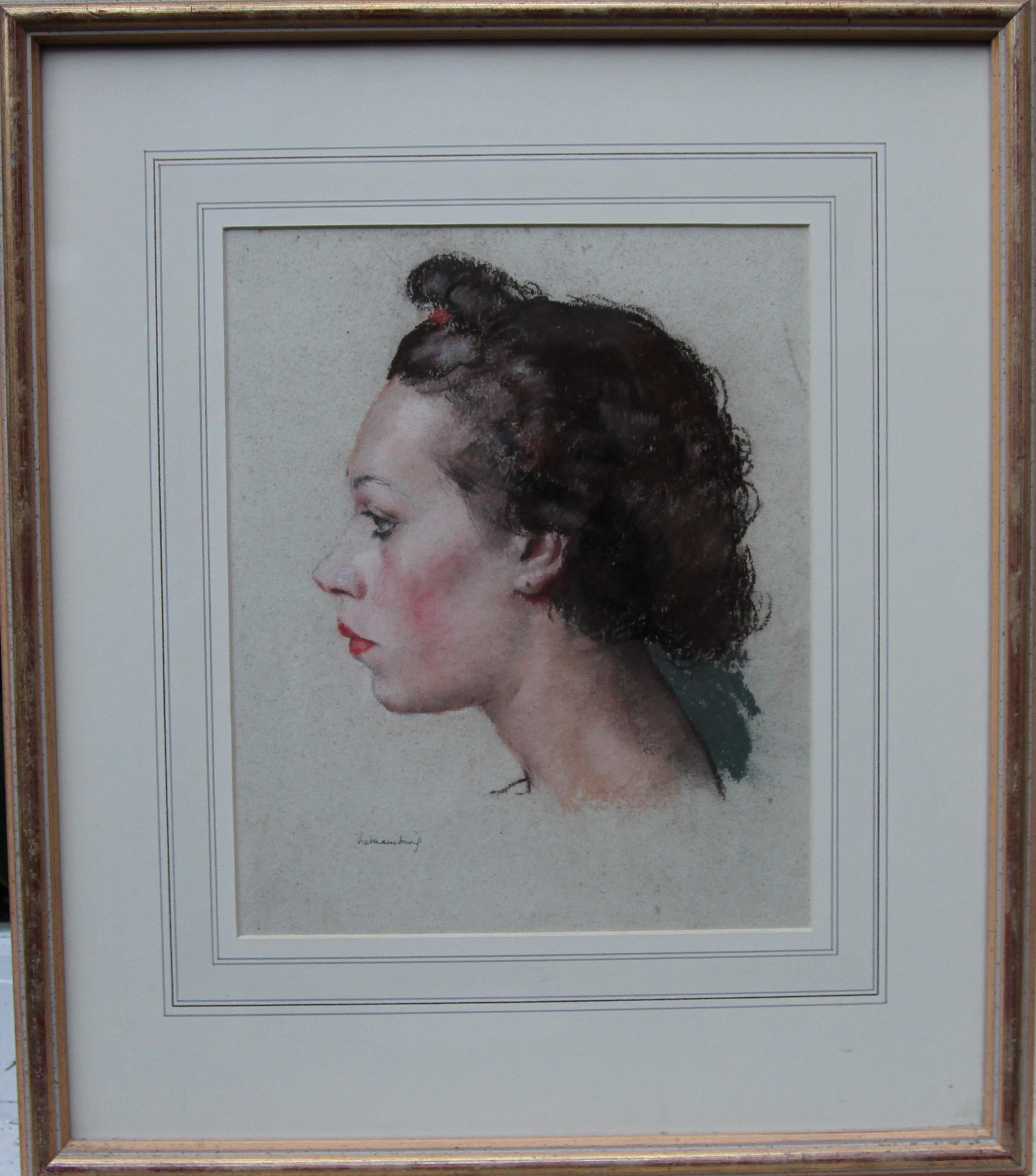 Portrait of a Woman - British Art Deco 1930's painting young lady red lipstick For Sale 6