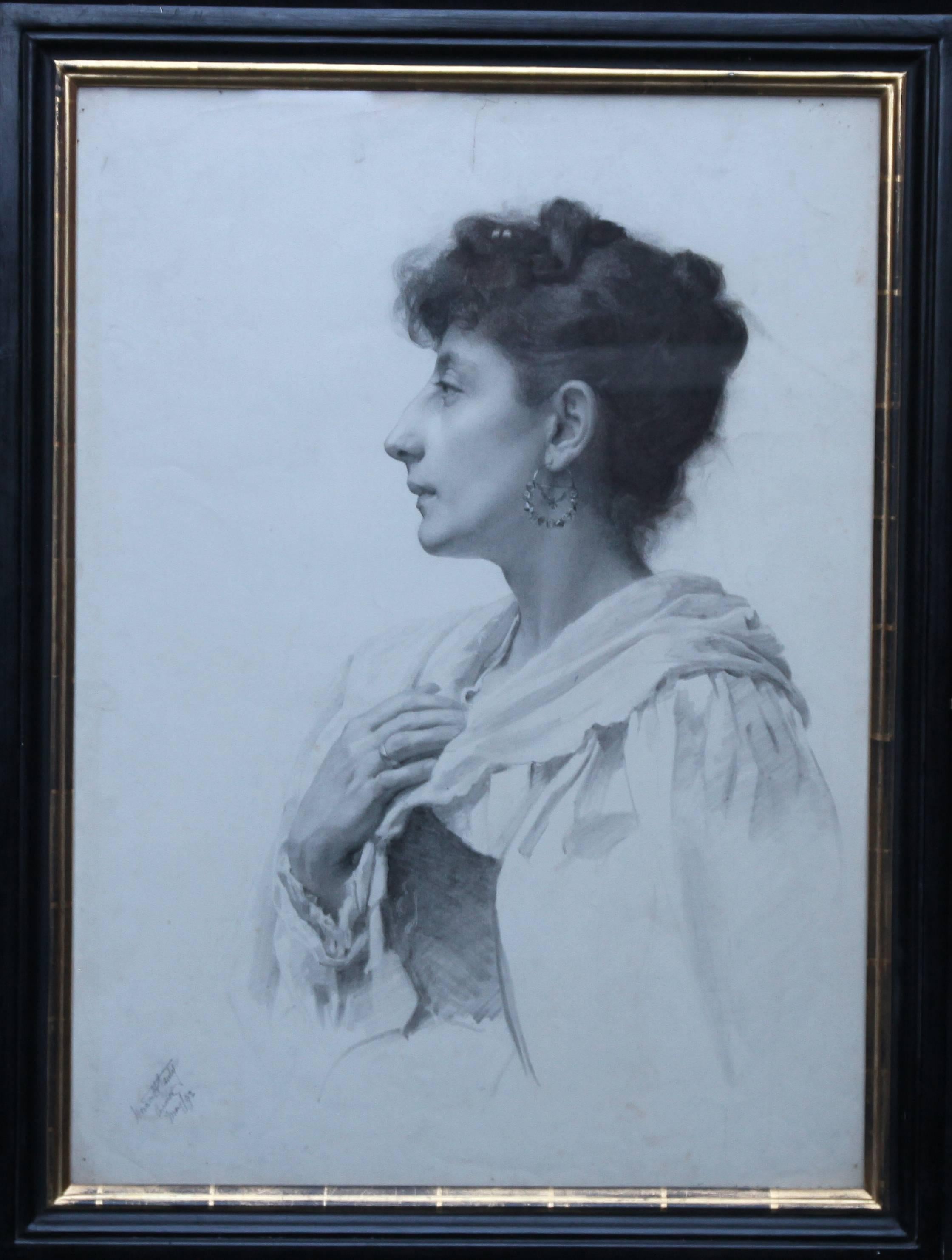 Portrait d'une femme - dessin réaliste au crayon d'art victorien britannique d'une femme - Art de Horace Henry Cauty