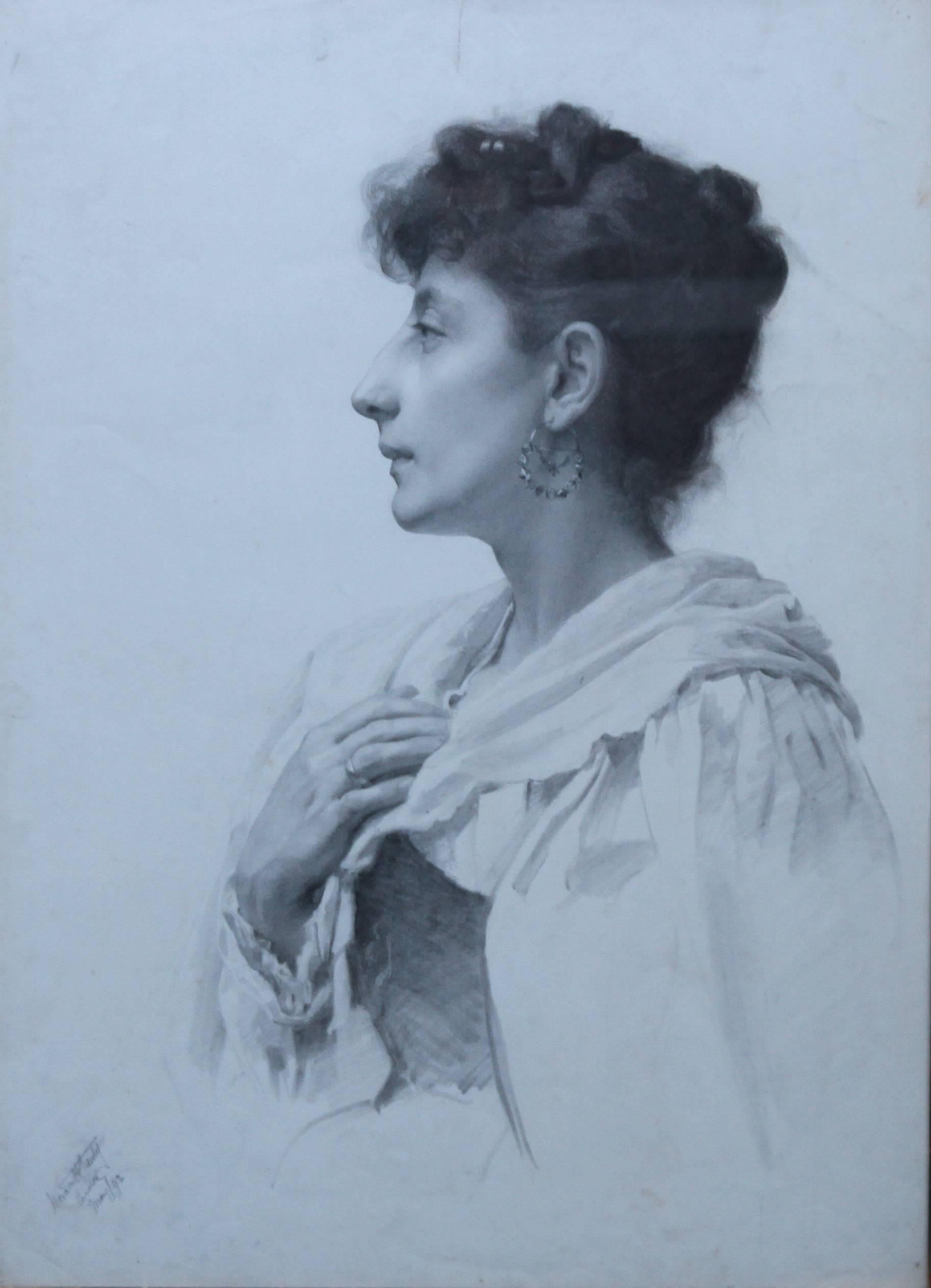 Portrait d'une femme - dessin réaliste au crayon d'art victorien britannique d'une femme - Victorien Art par Horace Henry Cauty