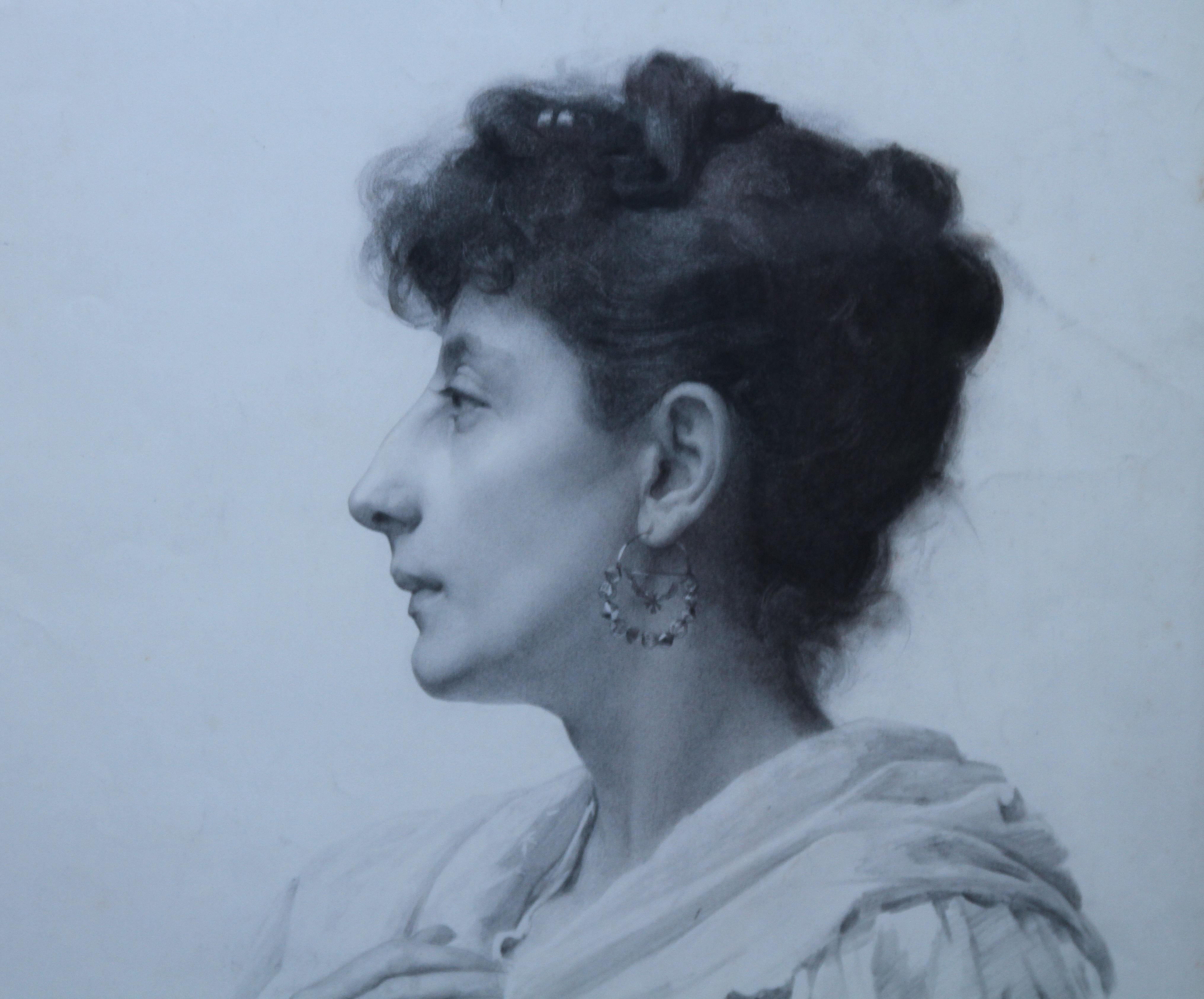 Portrait d'une femme - dessin réaliste au crayon d'art victorien britannique d'une femme en vente 1